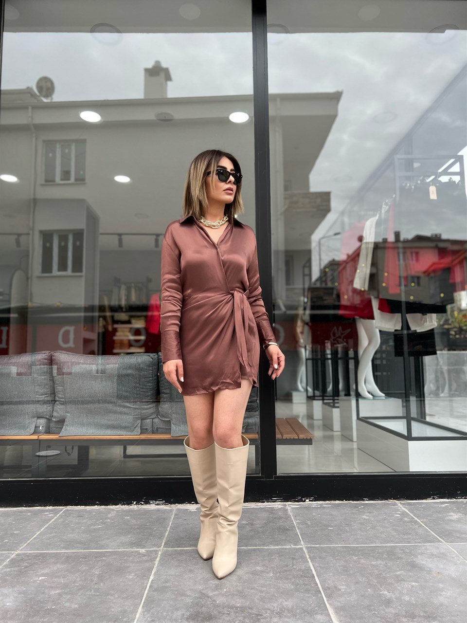 Kahve Kapaklı Mini Elbise