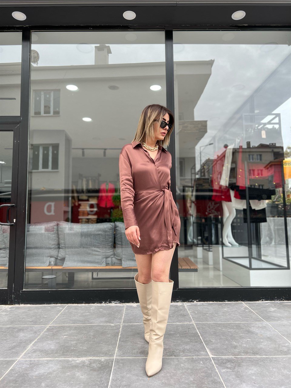 Kahve Kapaklı Mini Elbise