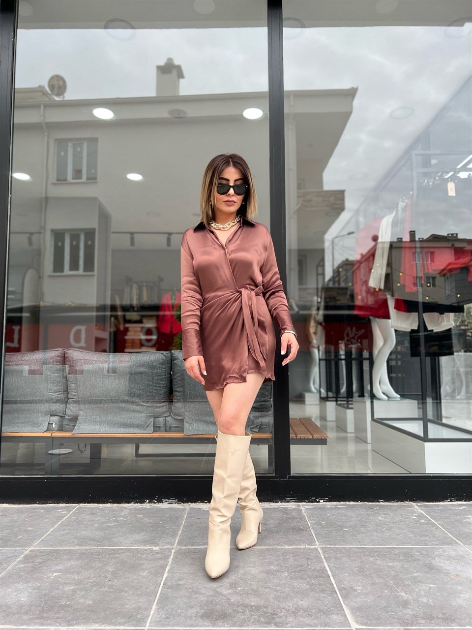 Kahve Kapaklı Mini Elbise
