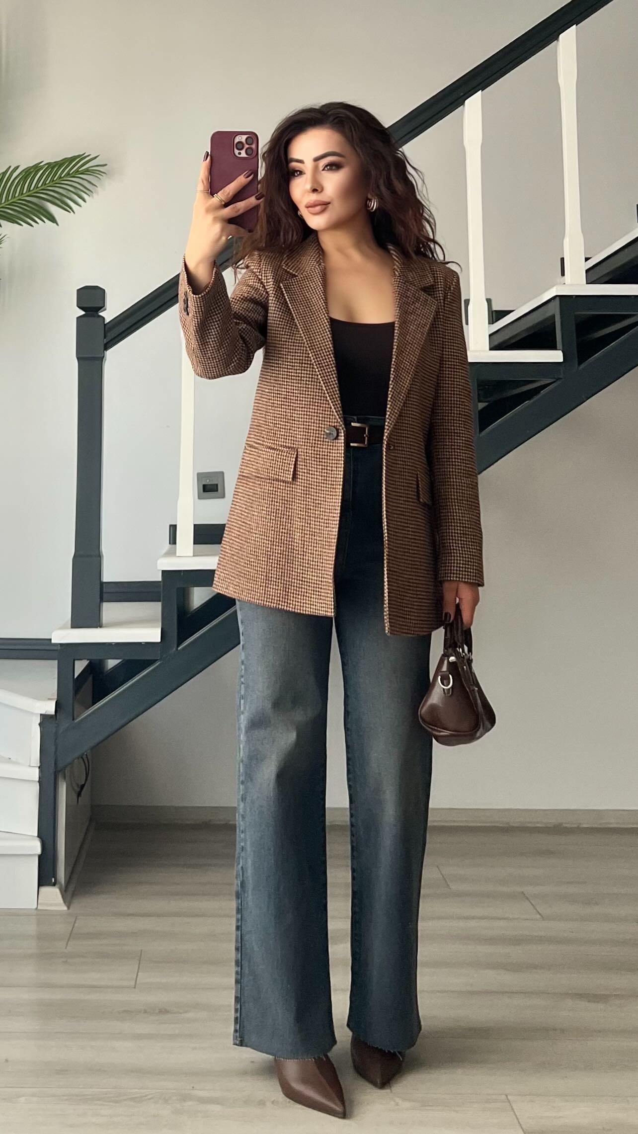 Kahve Kazayağı Tek Düğme Blazer Ceket