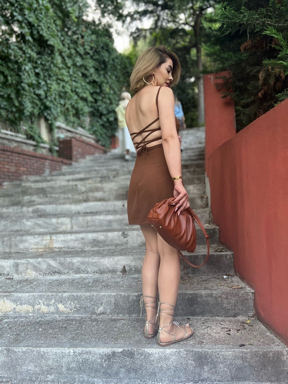 Kahve Keten Mini Elbise