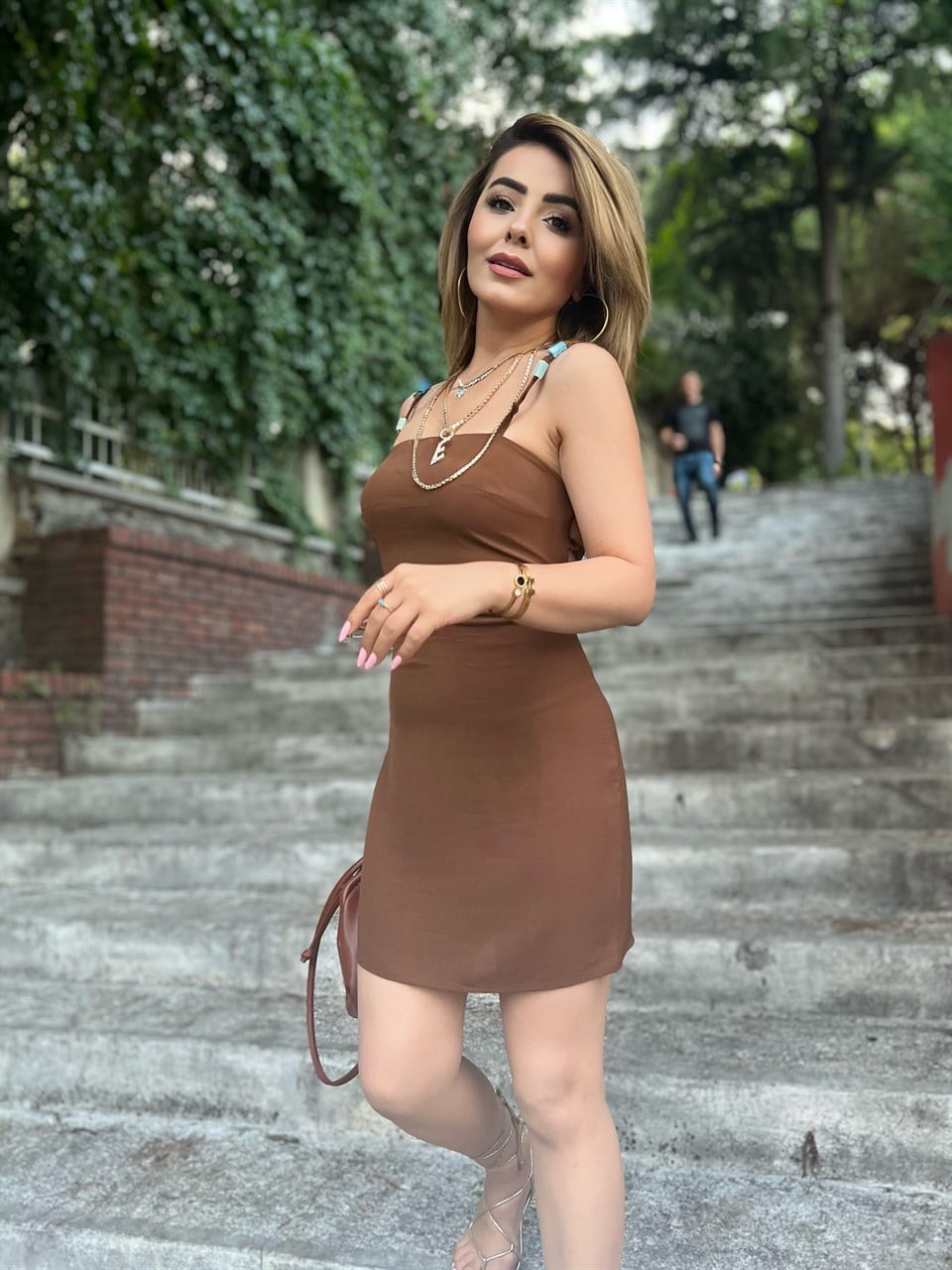 Kahve Keten Mini Elbise