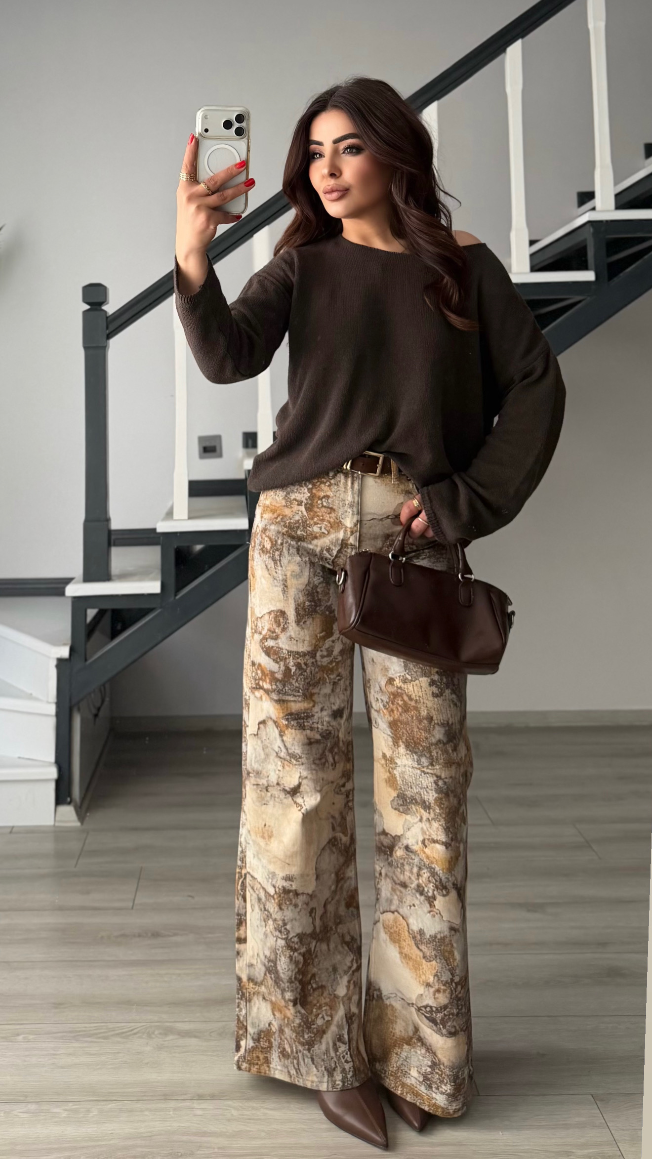 Kahve-Krem Etnik Desen Flare Pantolon