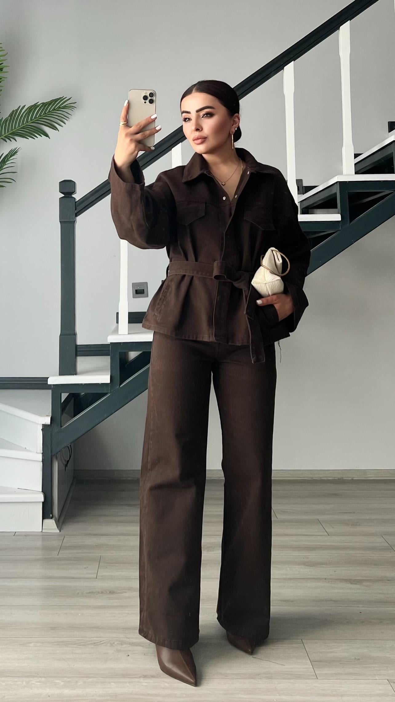 Kahve Marka Model Belden Bağlamalı Denim Takım