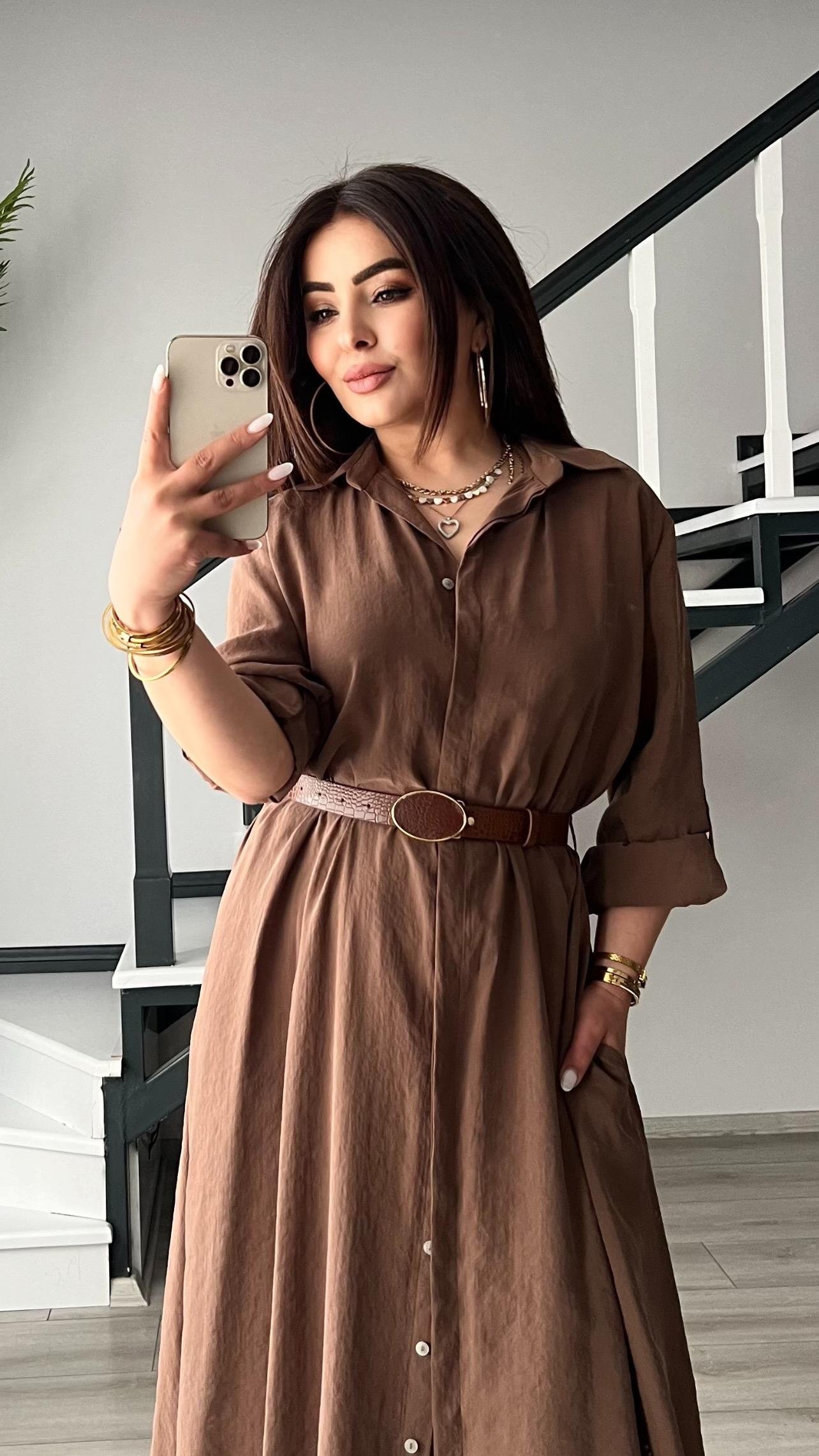 Kahve Modal Kumaş Gömlek Elbise 