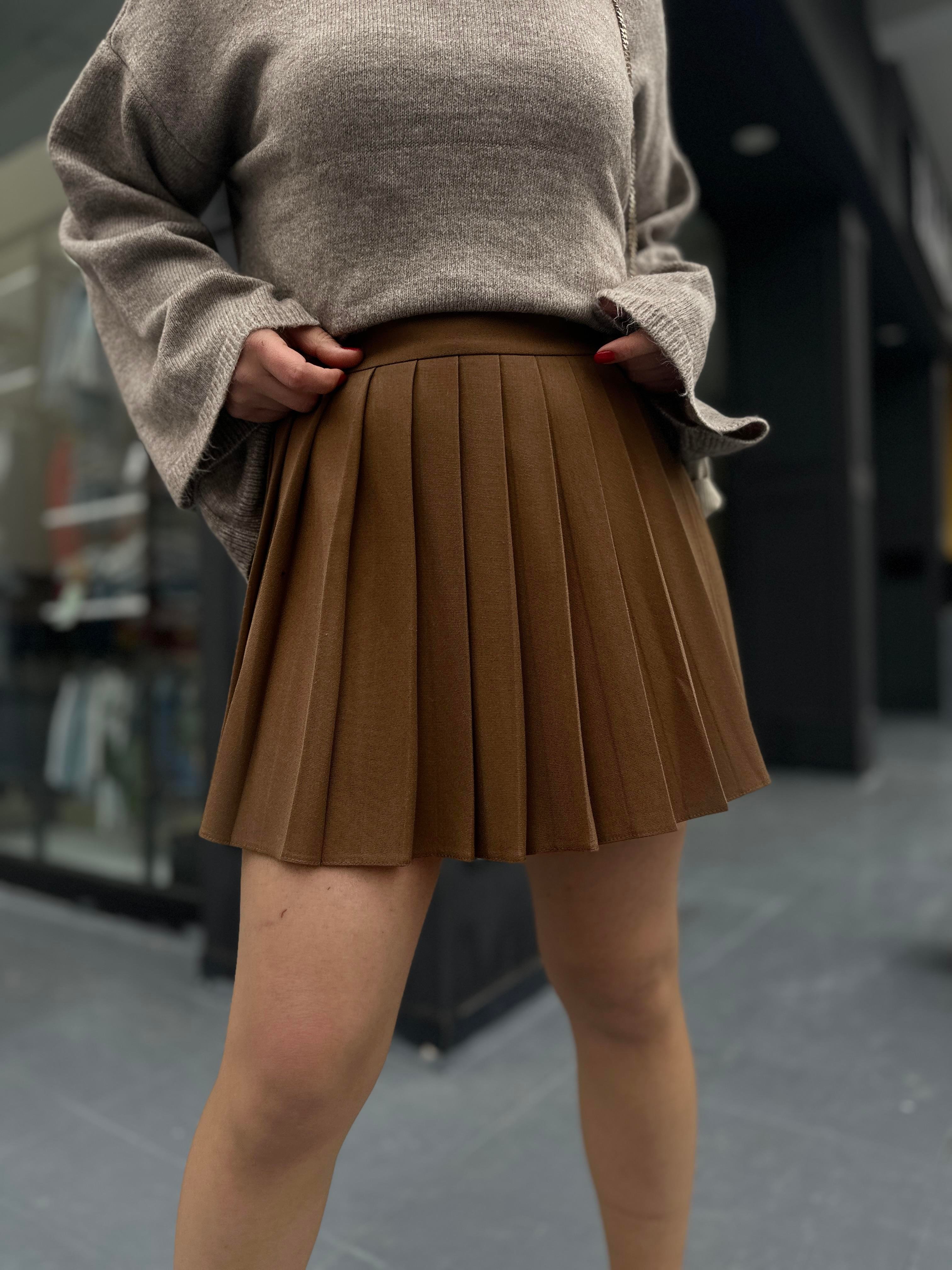 Kahve Premium Pileli Mini Etek