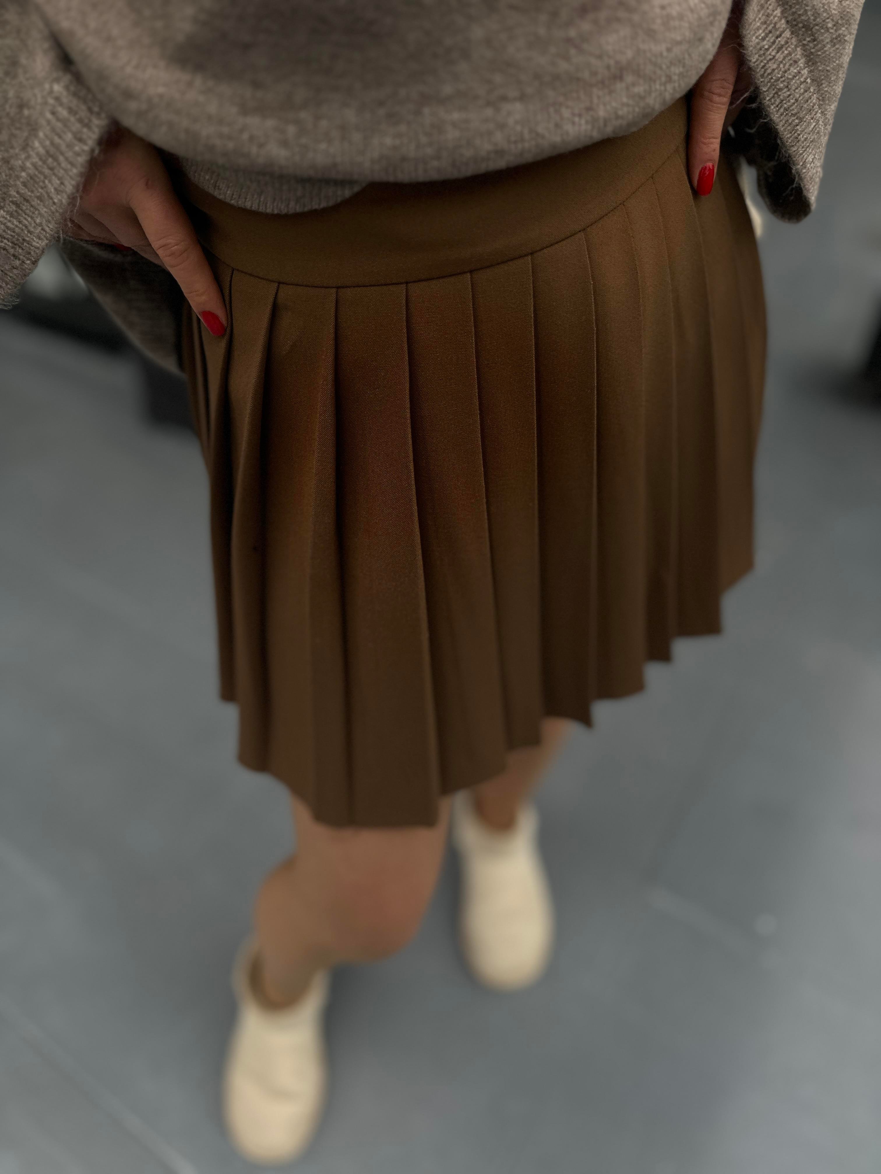 Kahve Premium Pileli Mini Etek