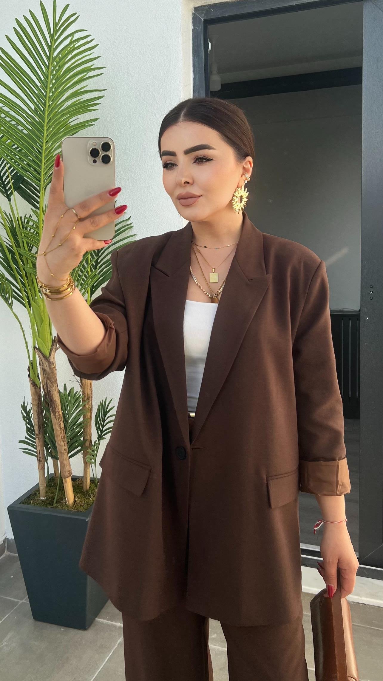 Kahve Tek Düğme Oversize Blazer Ceket