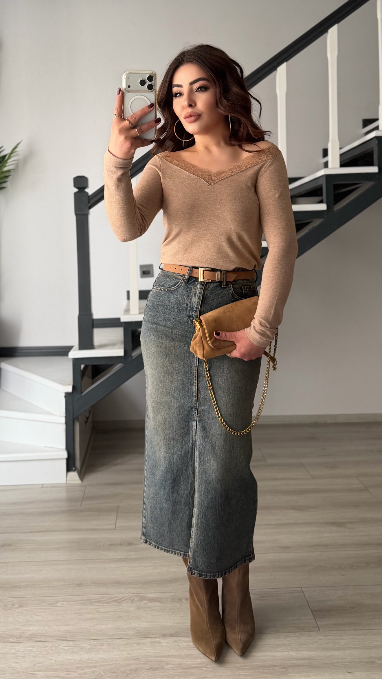 Kahve Tintli Kemerli Likralı Midi Denim Etek