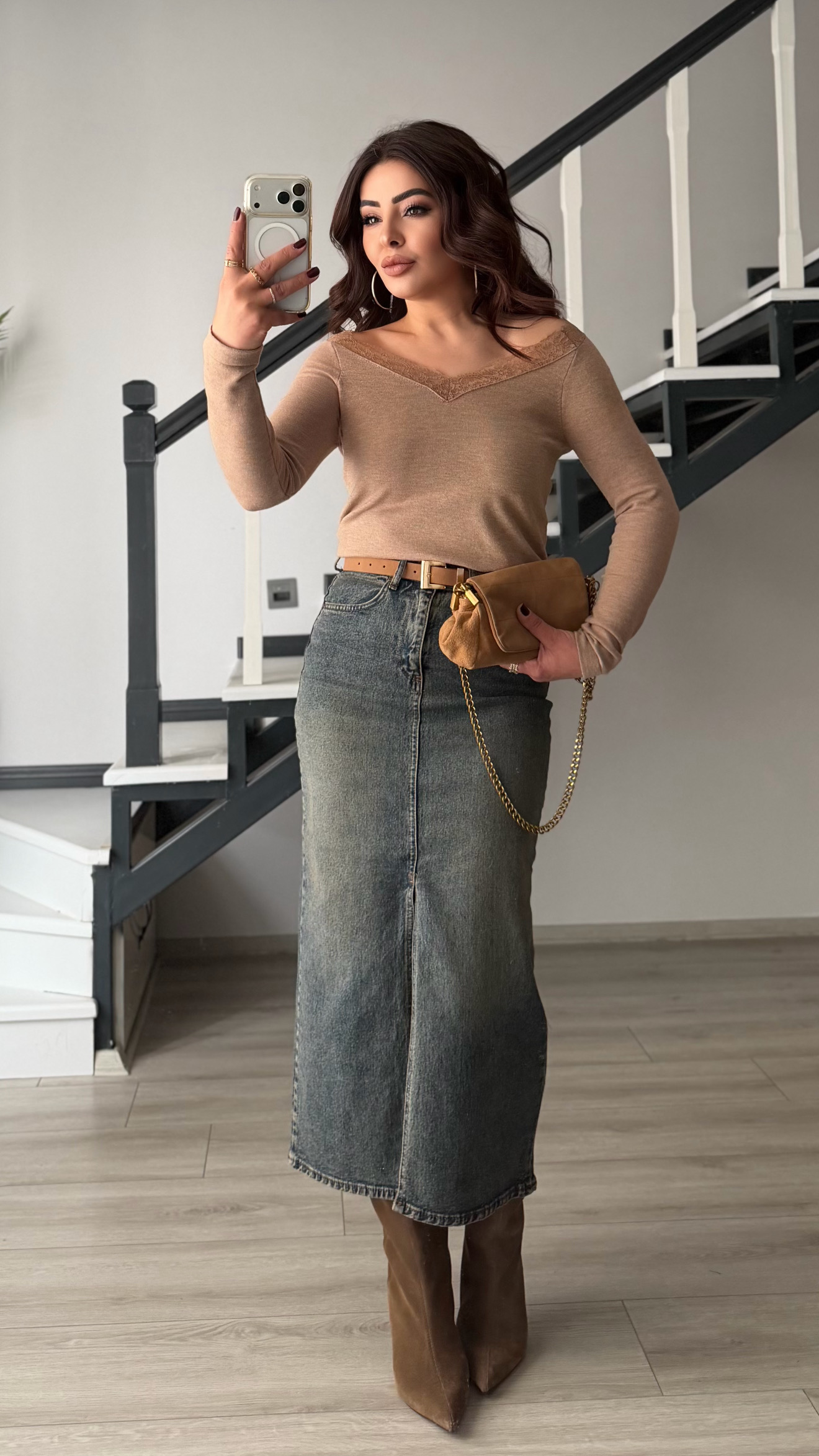 Kahve Tintli Kemerli Likralı Midi Denim Etek