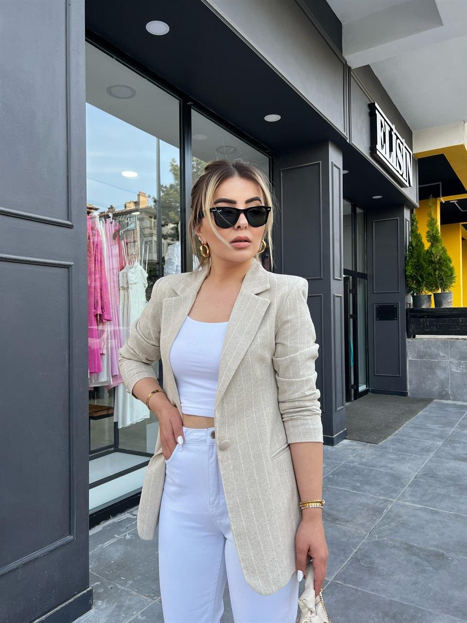 Keten Kendinden Çizgili Blazer Ceket