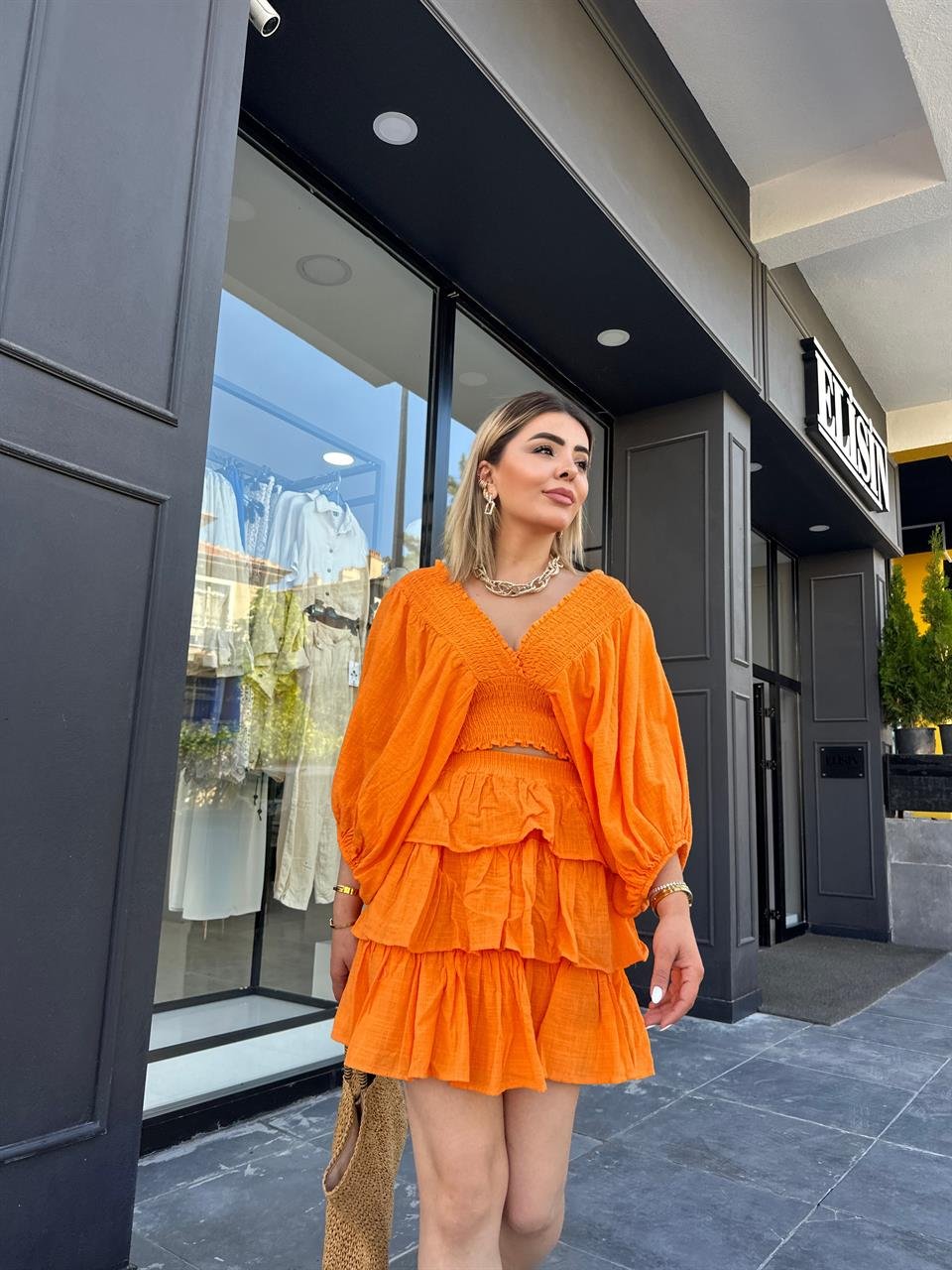 Keten Orange Bluz Etek Takım 