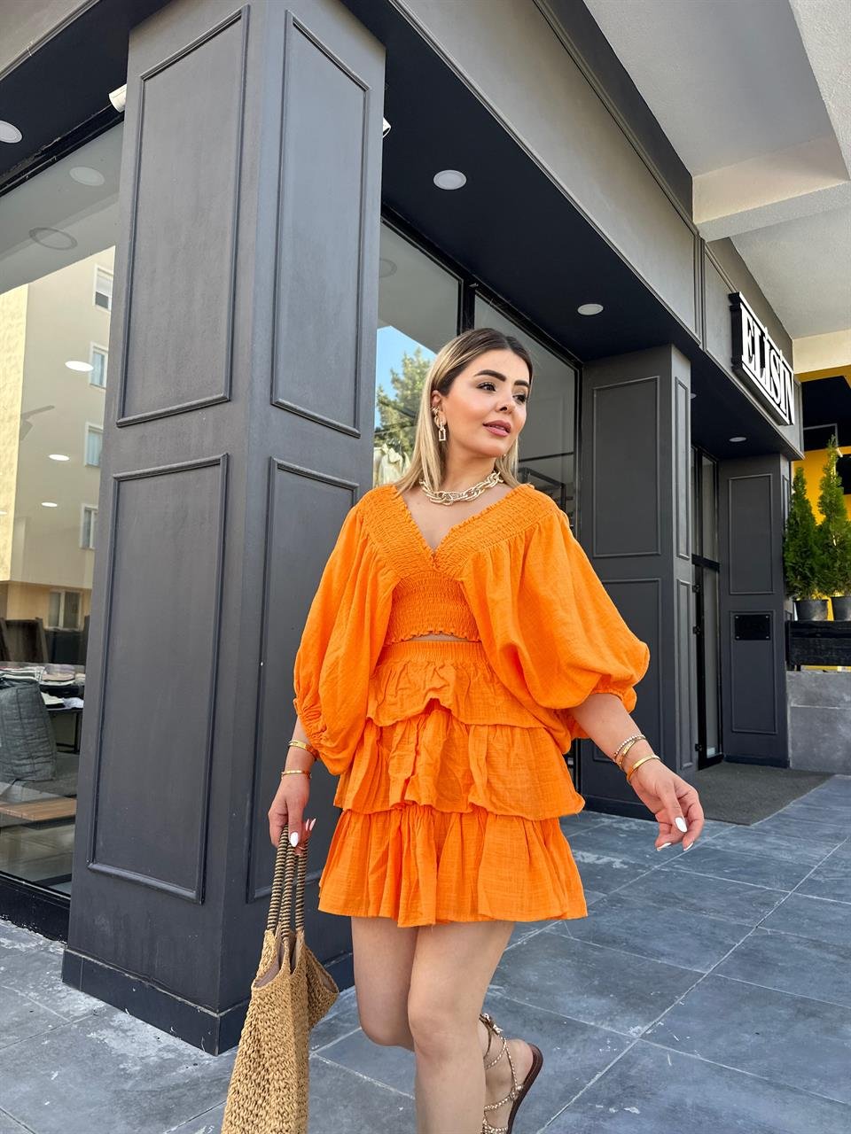 Keten Orange Bluz Etek Takım 