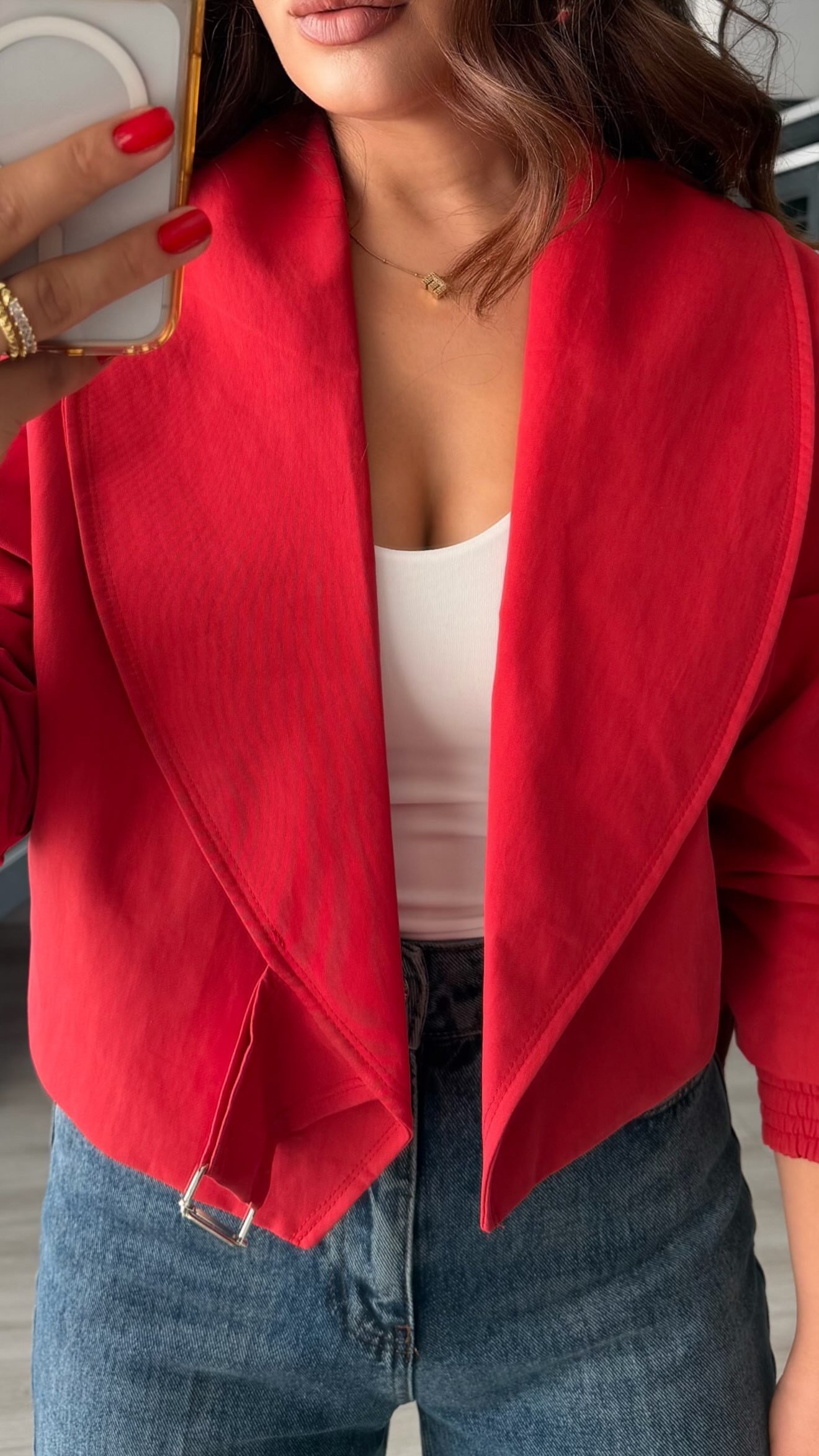 Red Elastic Waist Belted Bomber Trench Coat