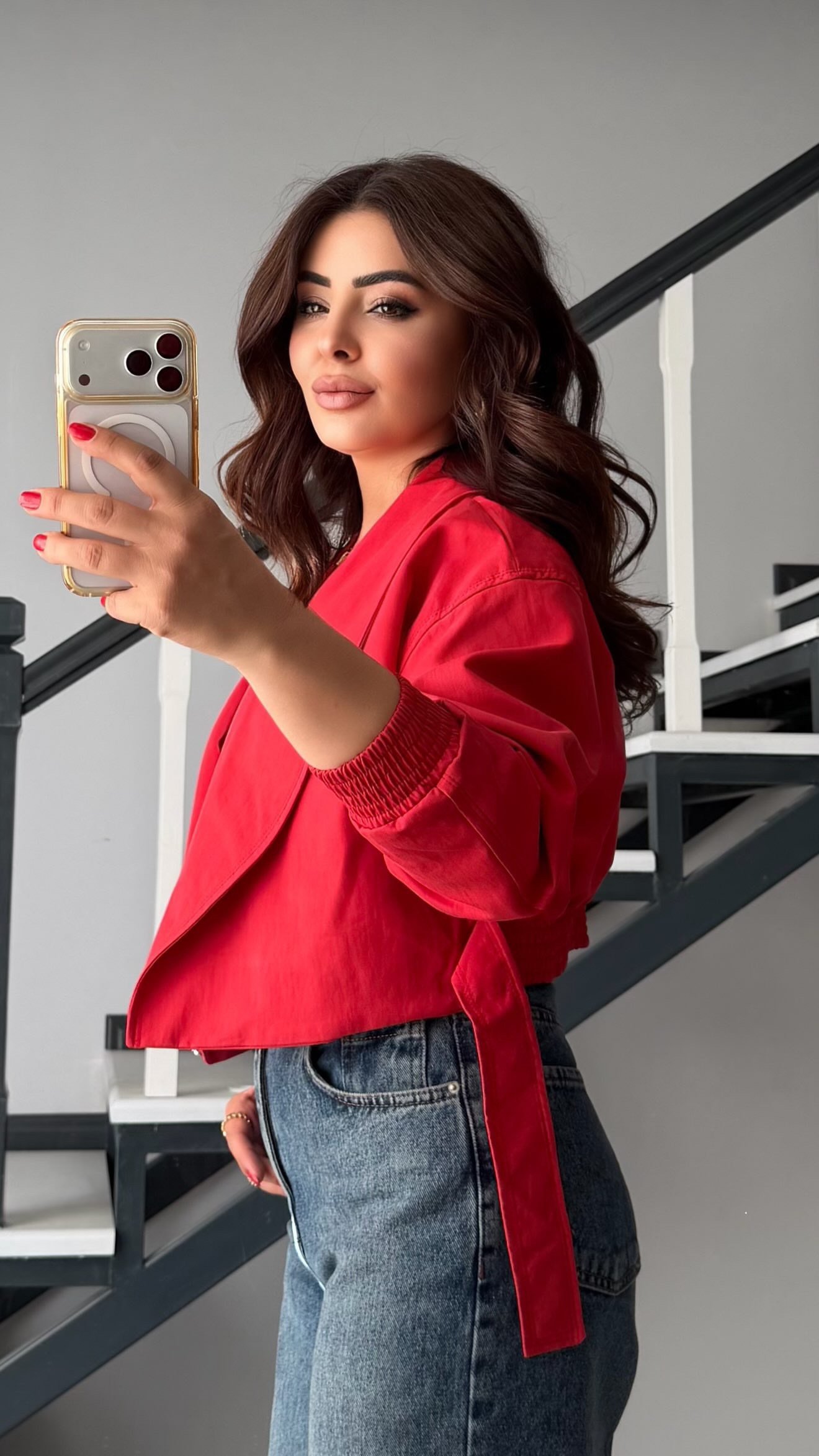 Red Elastic Waist Belted Bomber Trench Coat