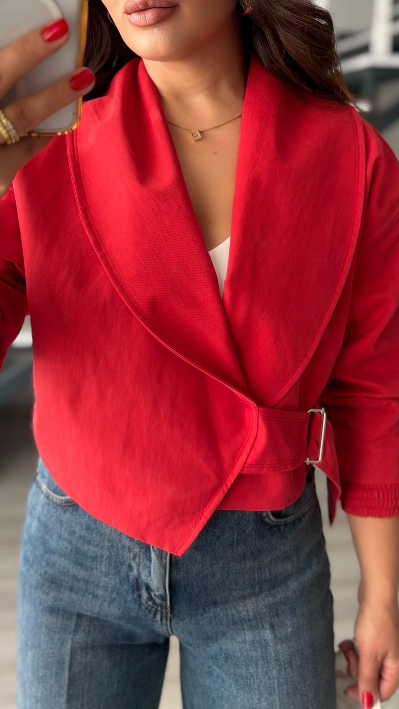 Red Elastic Waist Belted Bomber Trench Coat