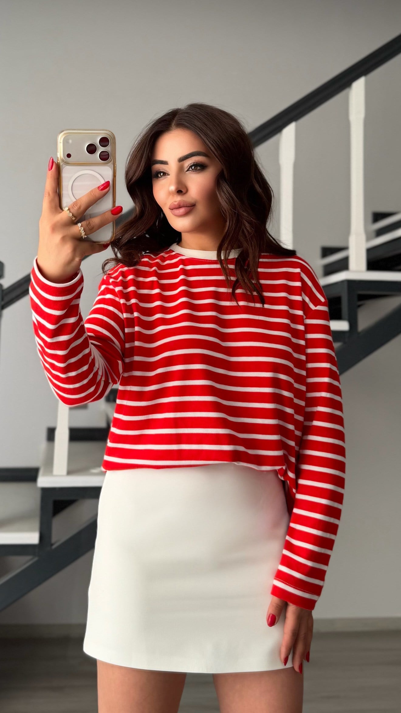 Kırmızı-Beyaz Çizgili 2 İplik Sweatshirt