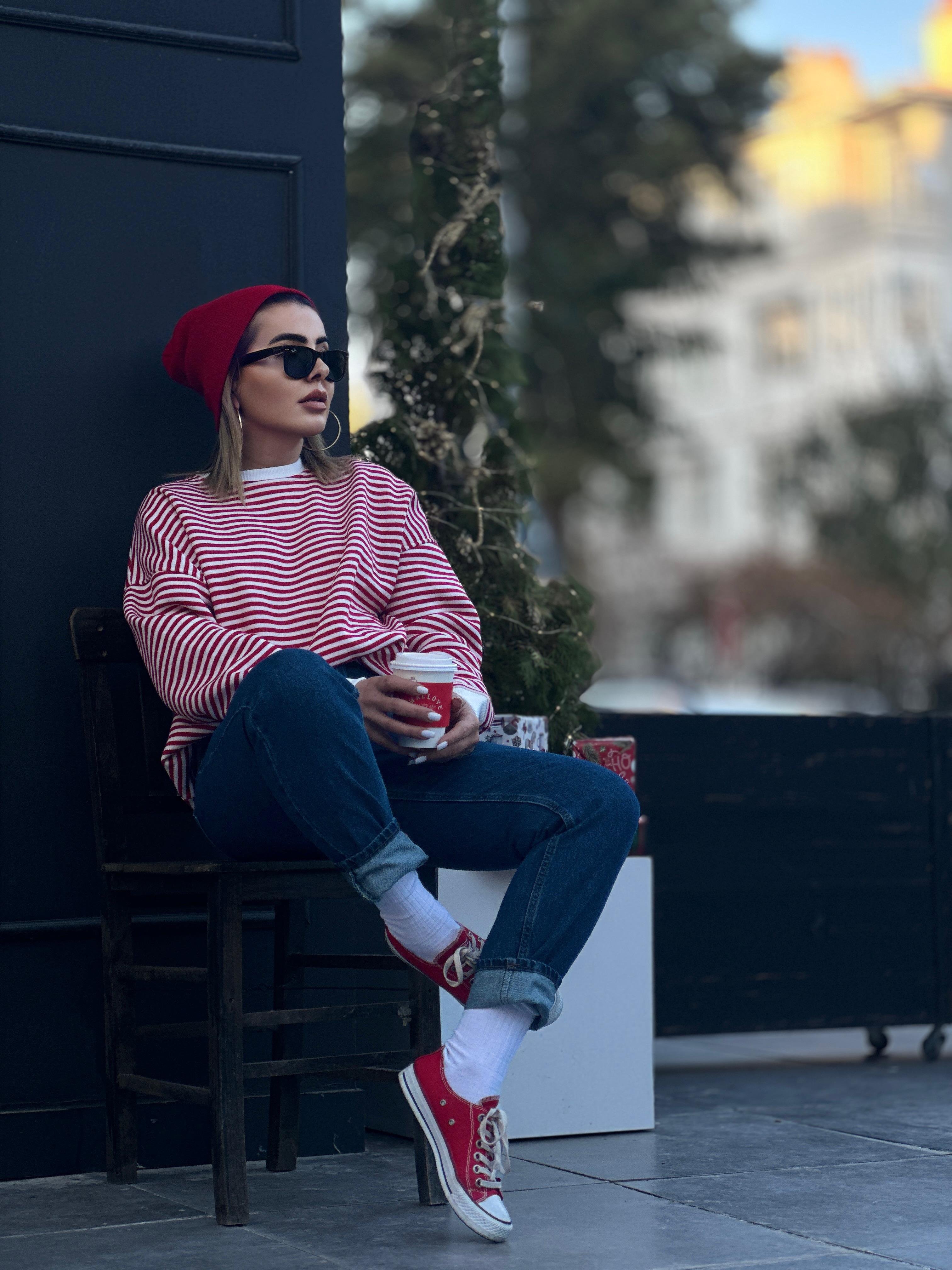 Kırmızı Çizgili Oversize Sweatshirt 