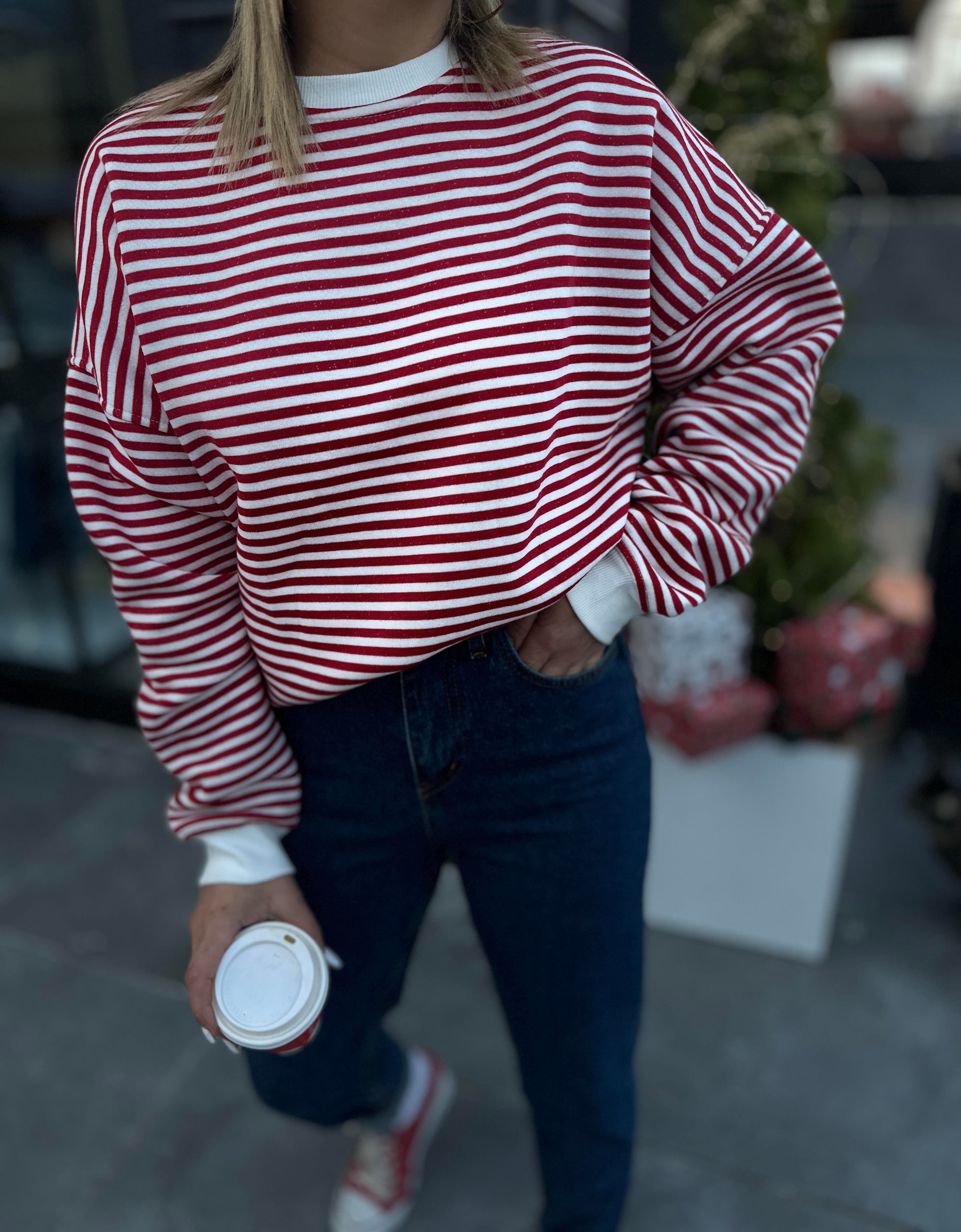Kırmızı Çizgili Oversize Sweatshirt 