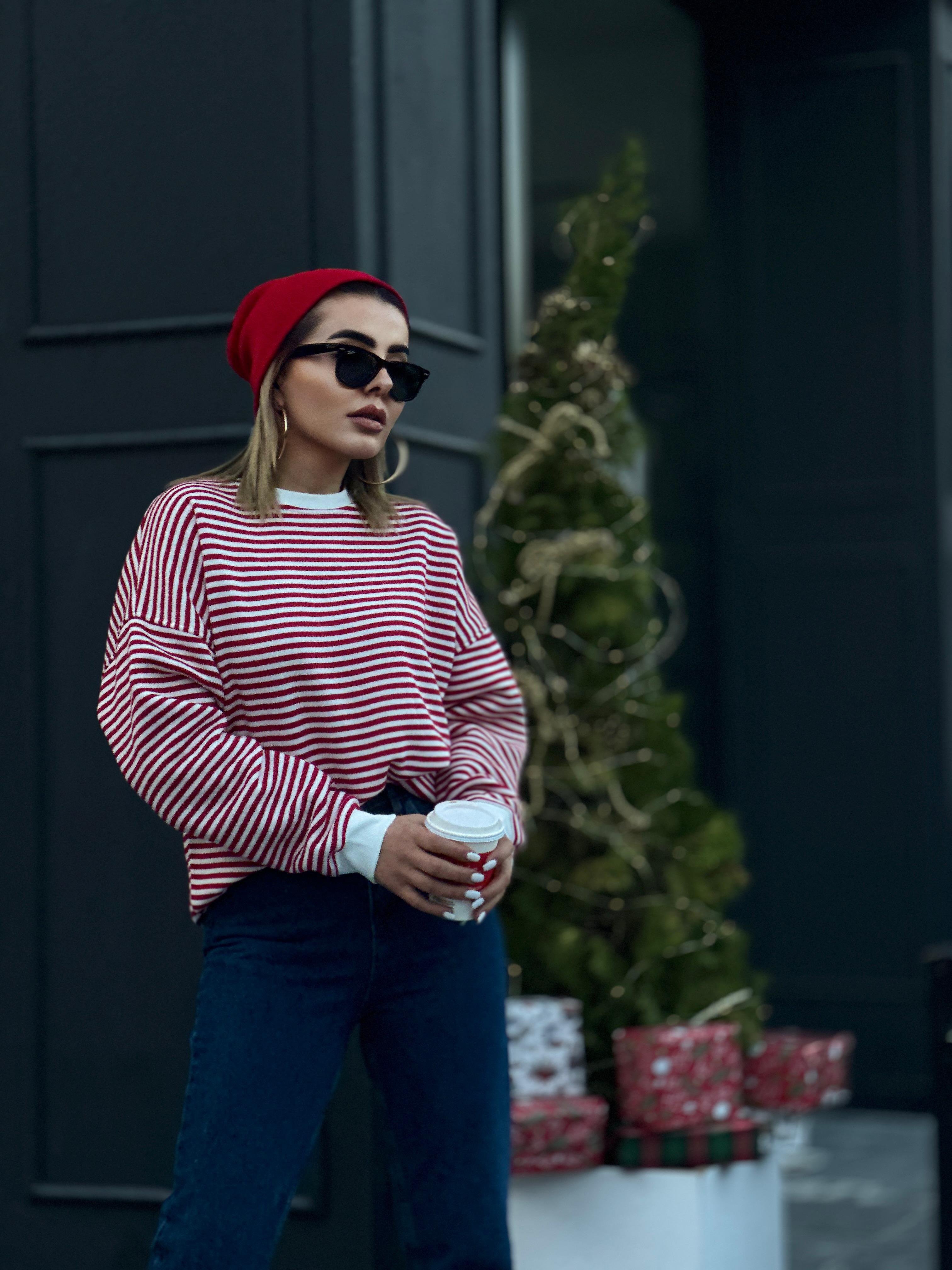 Kırmızı Çizgili Oversize Sweatshirt 
