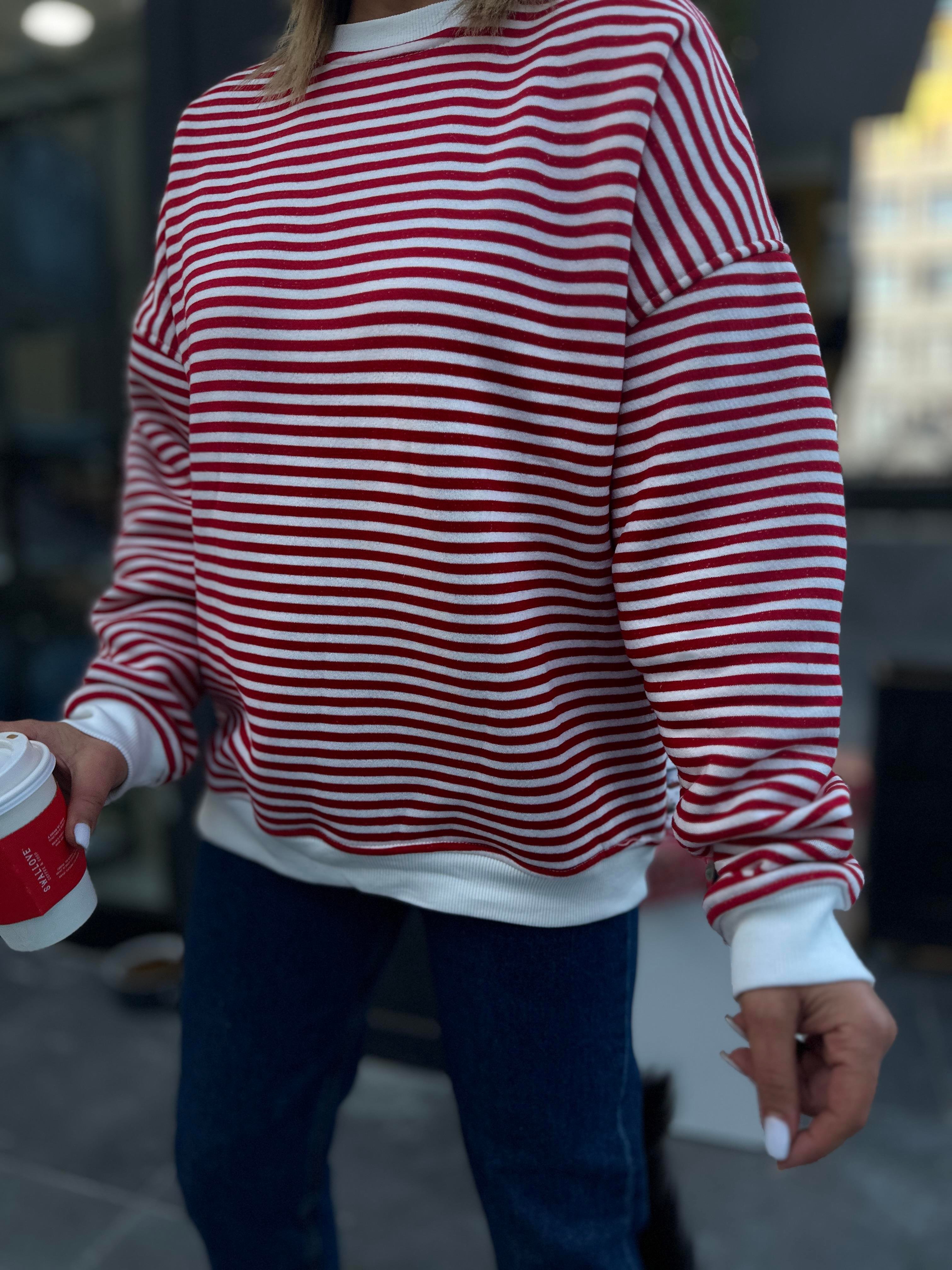 Kırmızı Çizgili Oversize Sweatshirt 