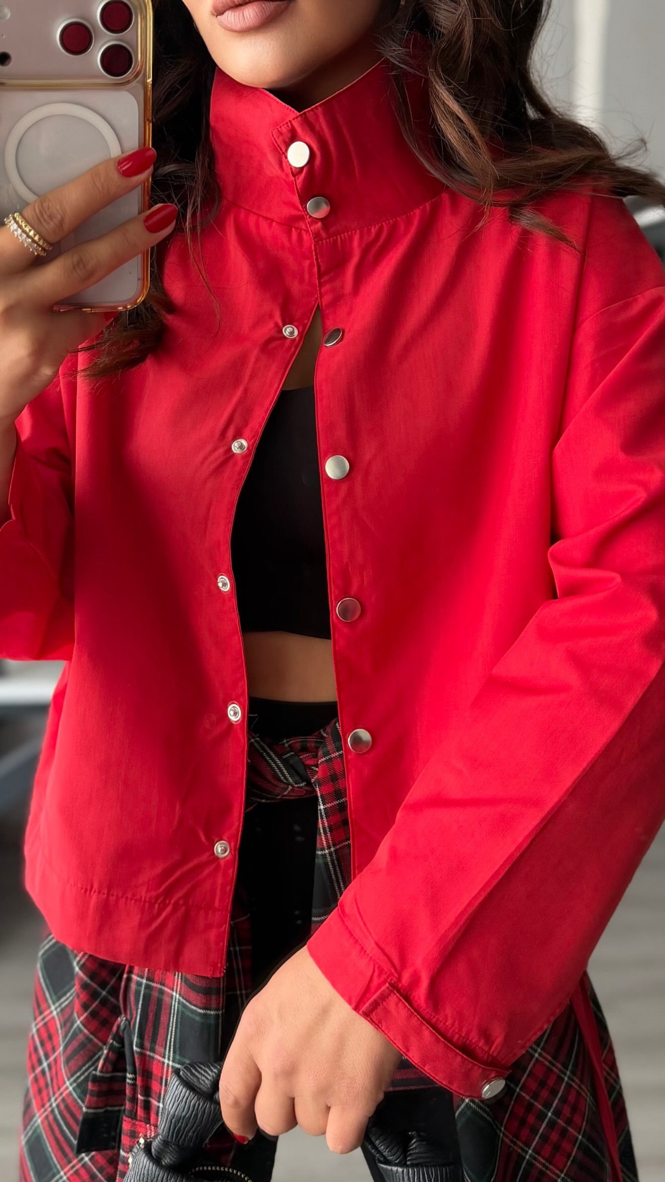 Red Stand-Up Collar Shirred Detail Lined Raincoat