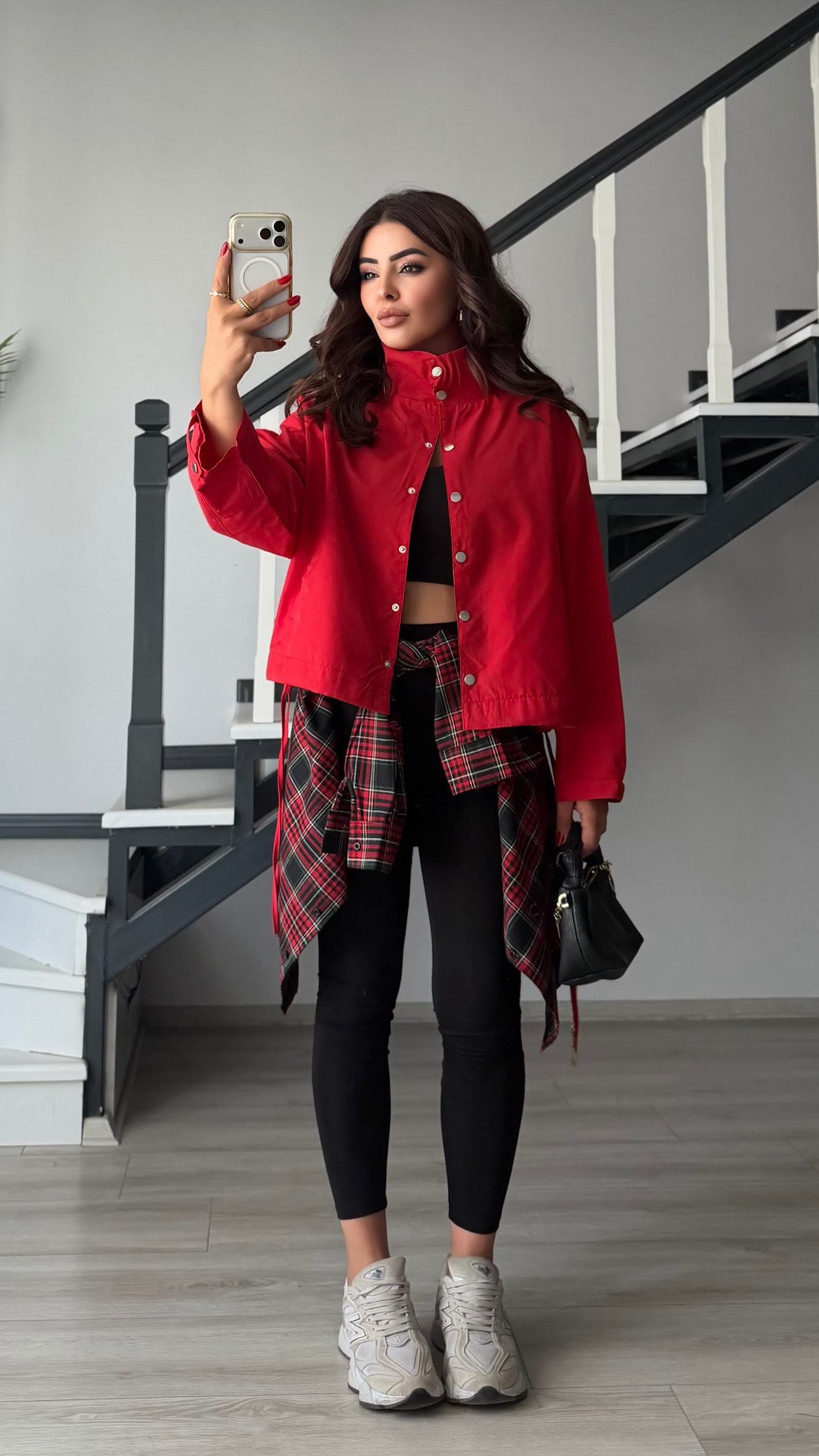 Red Stand-Up Collar Shirred Detail Lined Raincoat