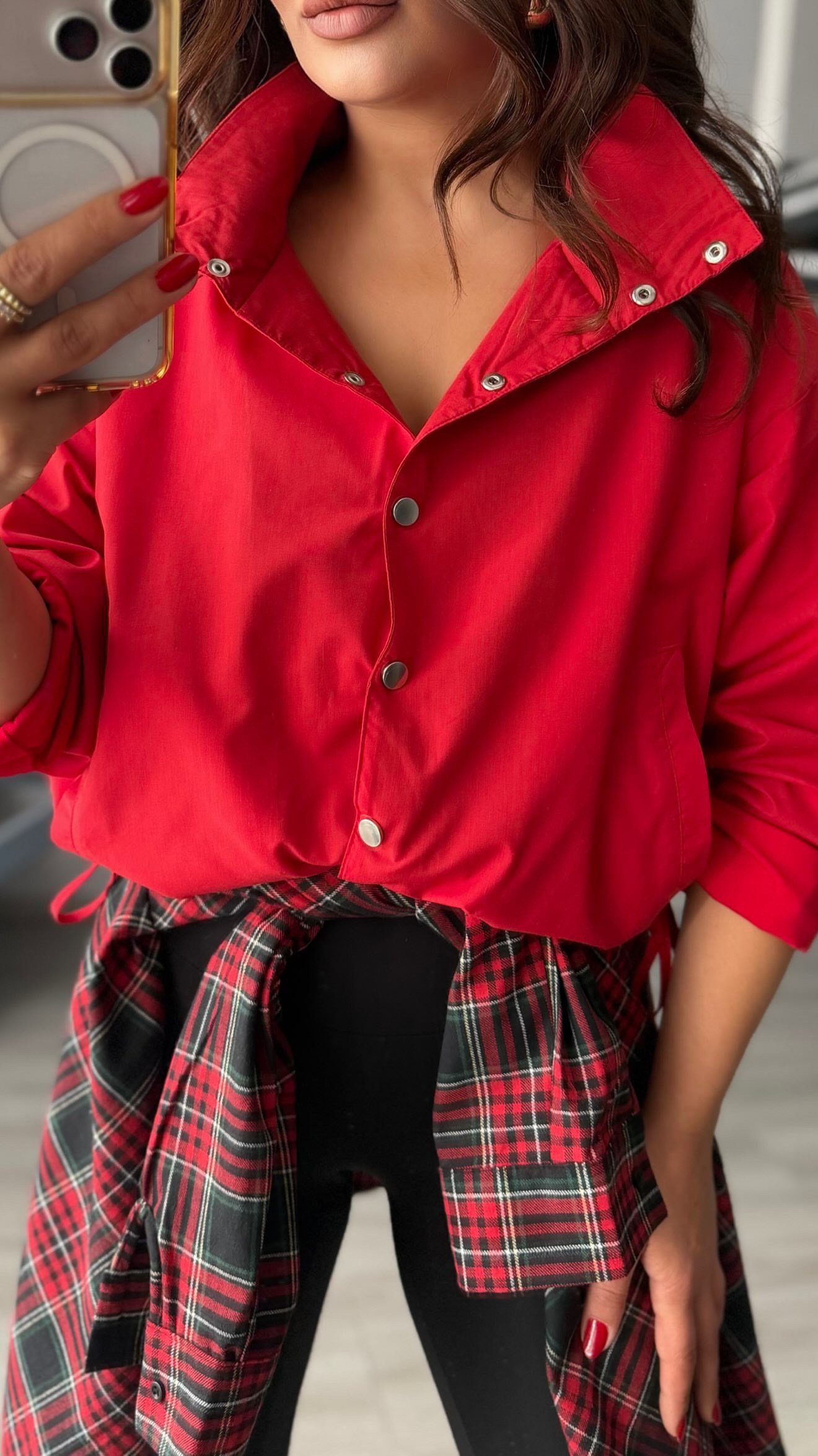 Red Stand-Up Collar Shirred Detail Lined Raincoat
