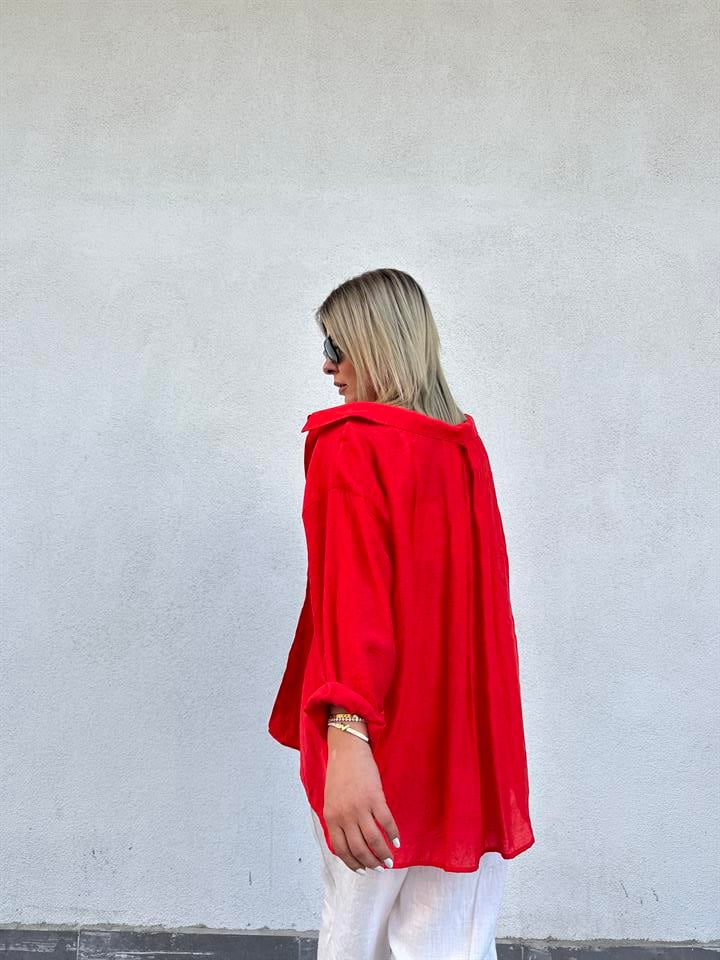 Kırmızı Oversize Tensel Gömlek 