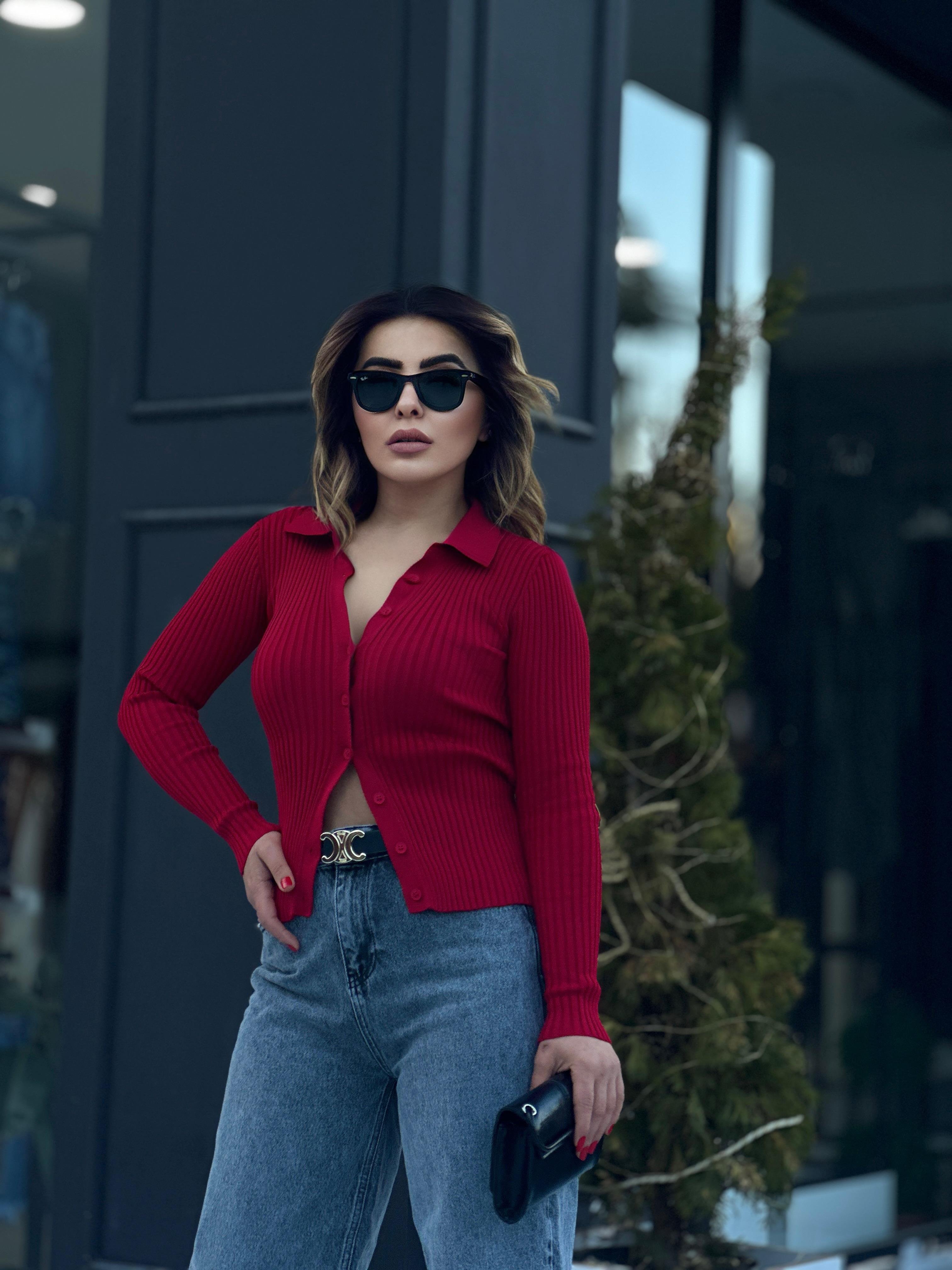 Kırmızı Polo Yaka Çelik Örme Düğmeli Triko Bluz