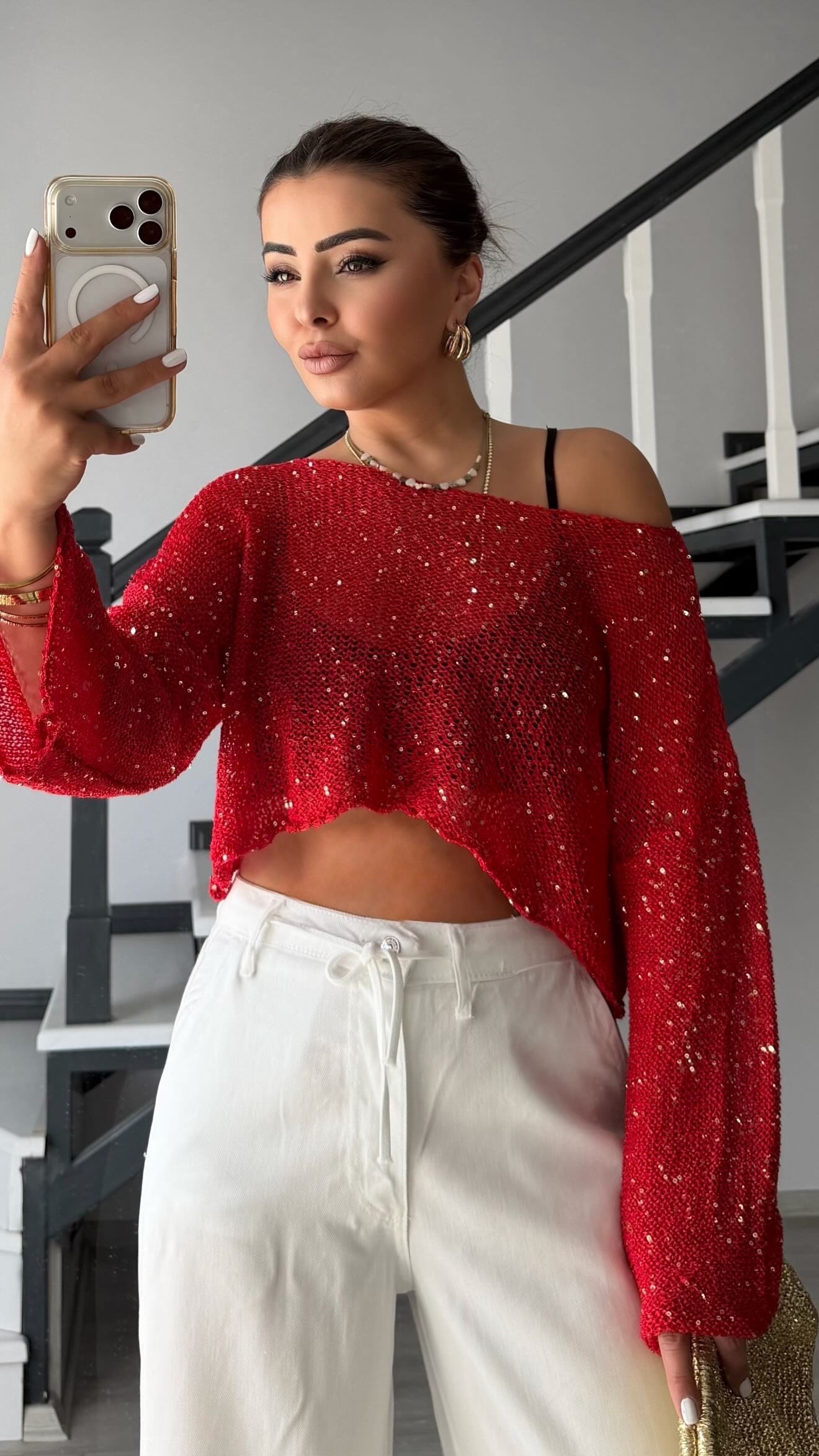 Kırmızı Pullu Salaş Triko Bluz