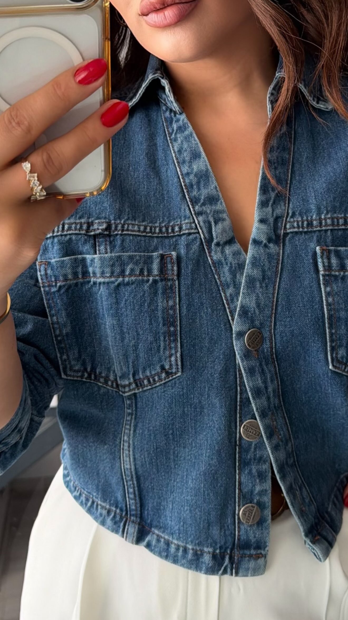 Koyu Mavi V Yaka Denim Ceket