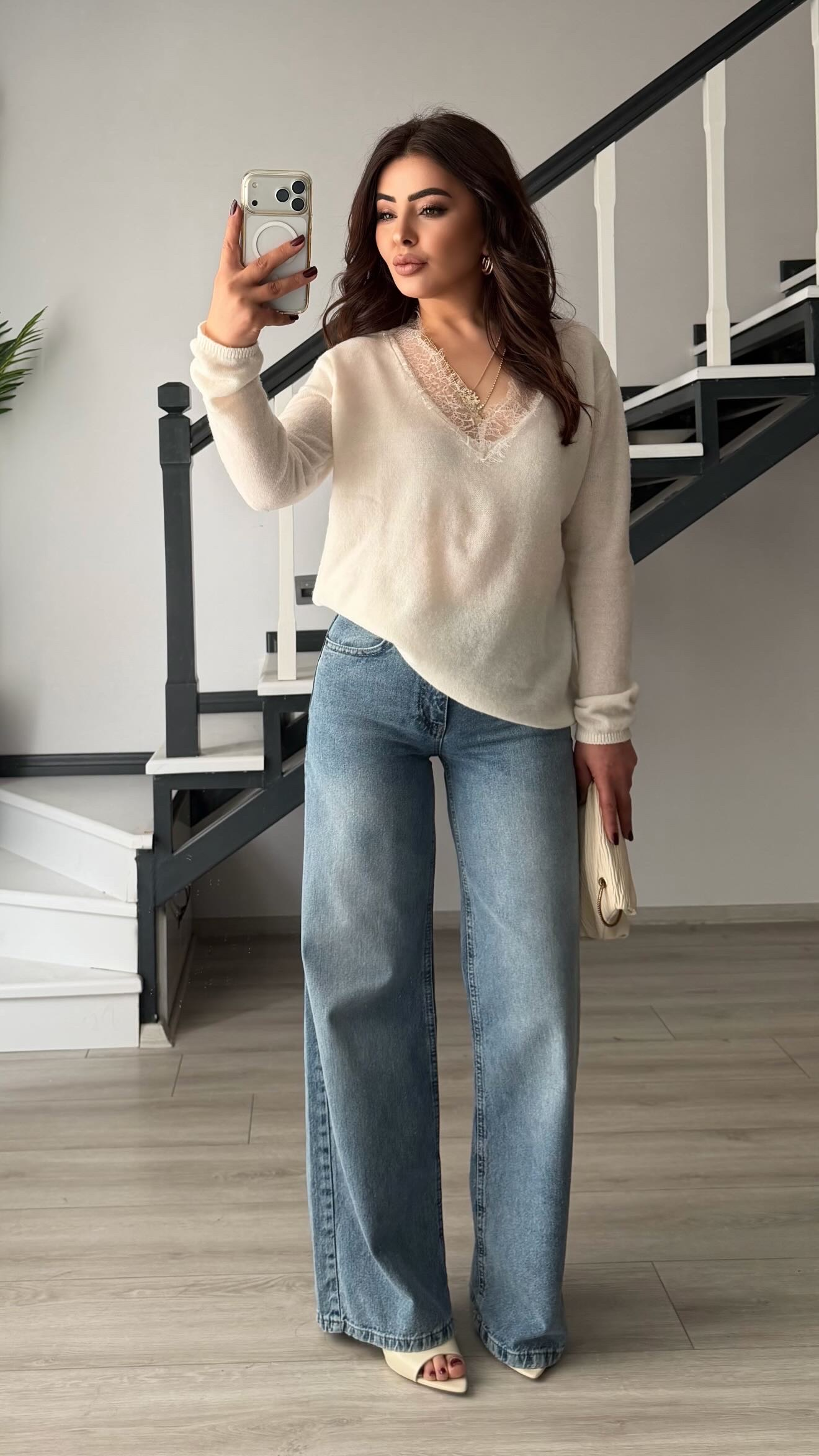 Koyu Mavi Yıkamalı Kemerli Wide Leg Jean