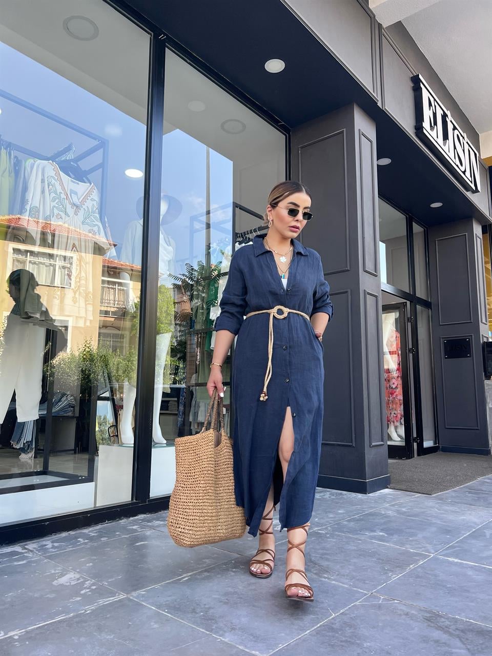 Lacivert %100 Ham Keten Boydan Düğmeli Kimono Elbise