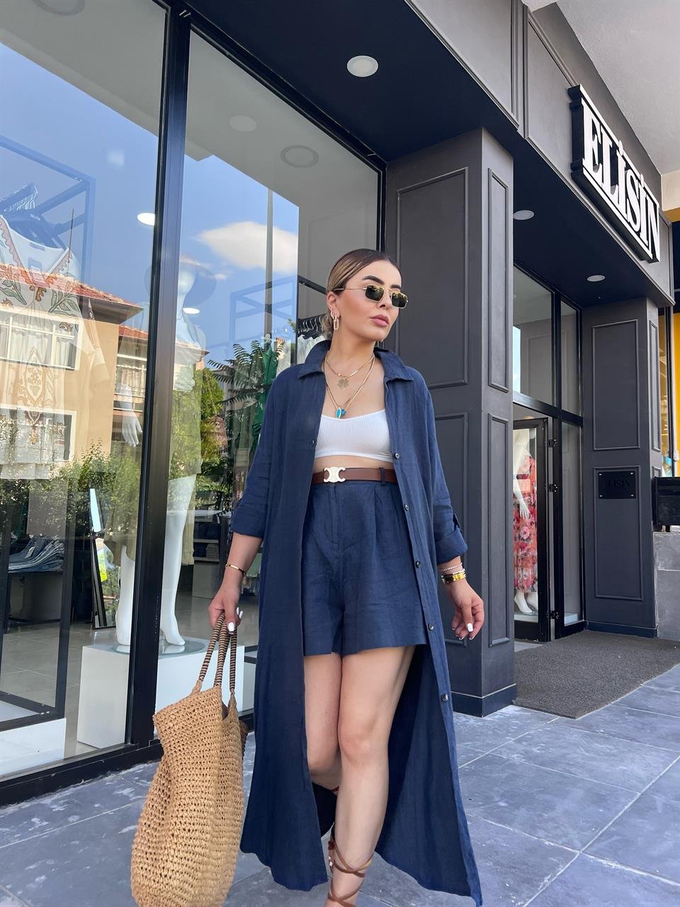 Lacivert %100 Ham Keten Boydan Düğmeli Kimono Elbise