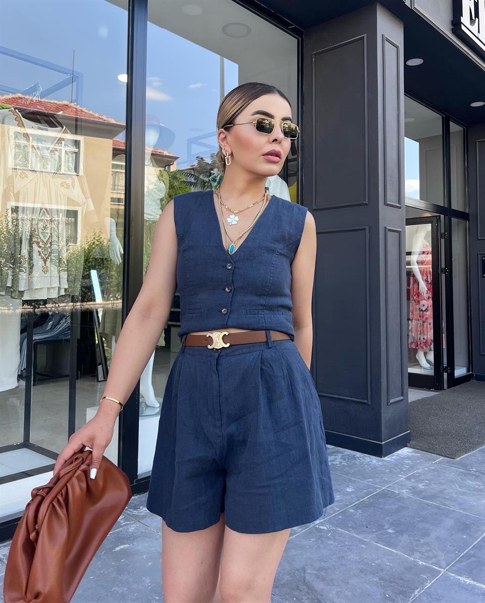 Lacivert %100 Ham Keten Şort 