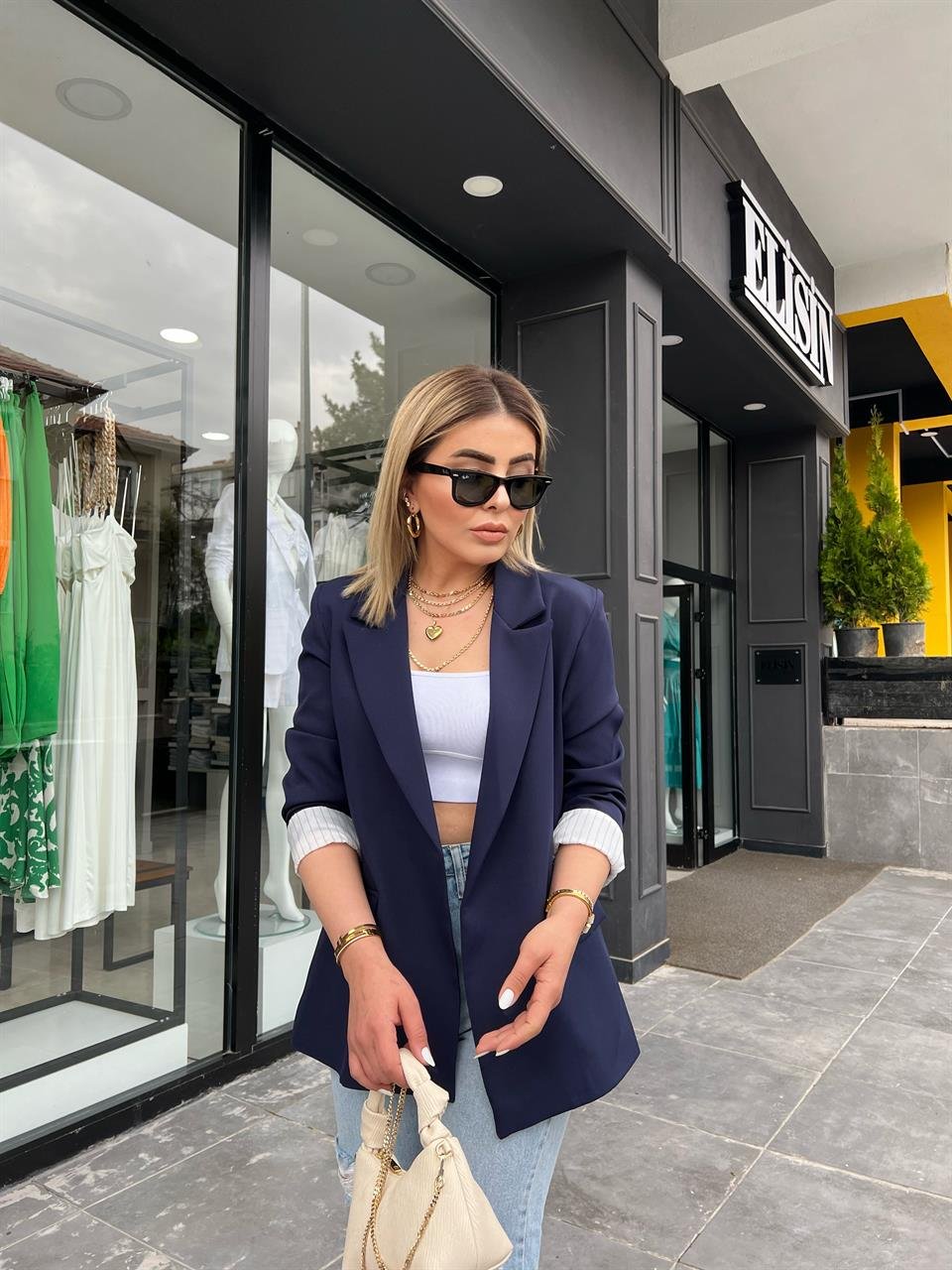 Lacivert Astarı Çizgili Blazer Ceket 