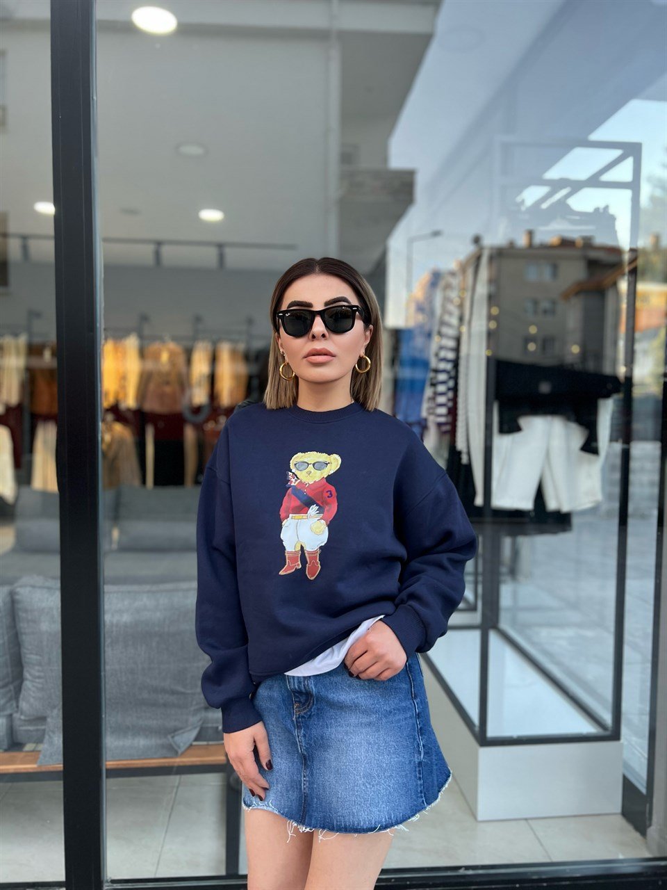 Lacivert Bear Baskılı Sweat
