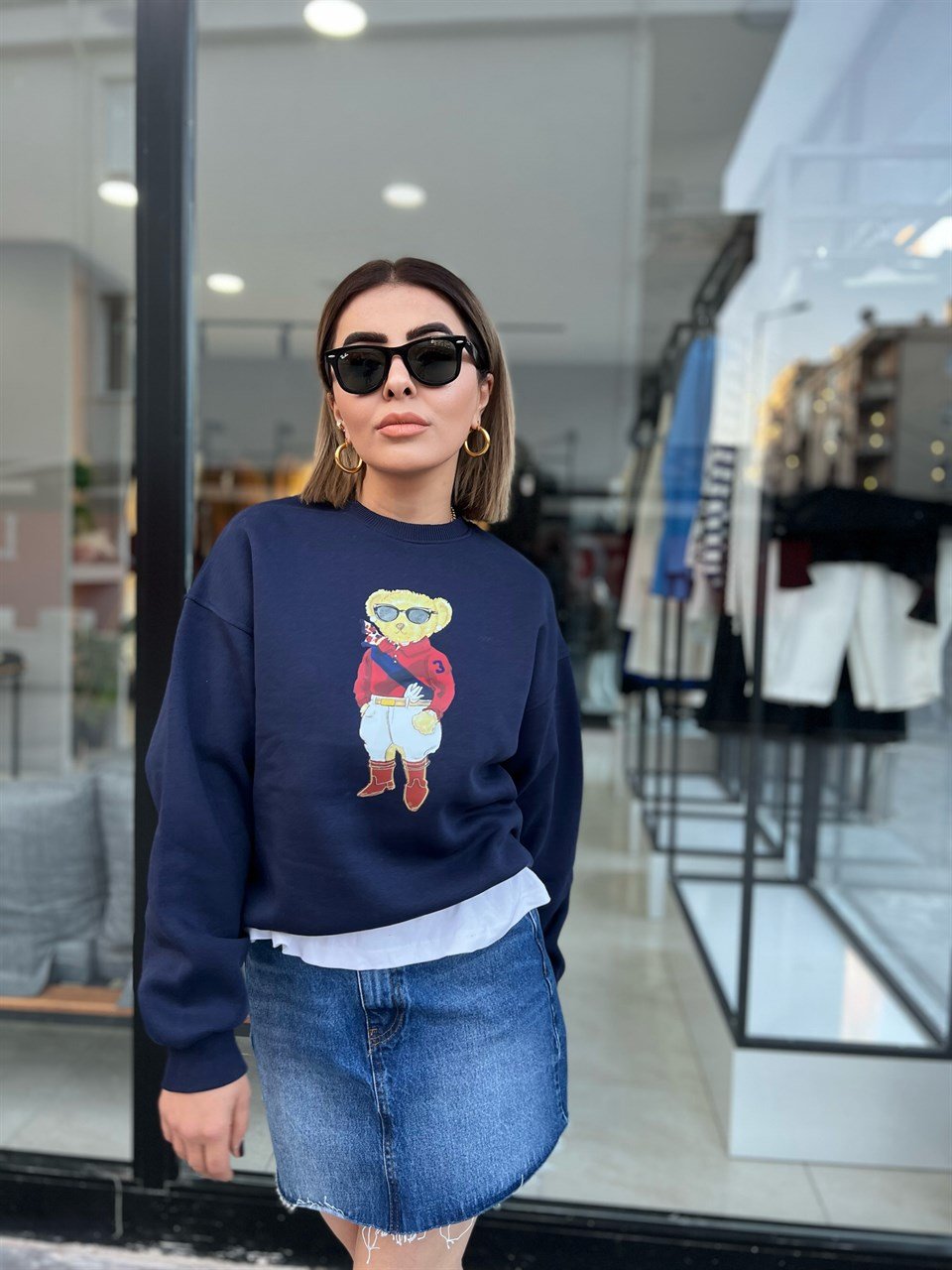 Lacivert Bear Baskılı Sweat