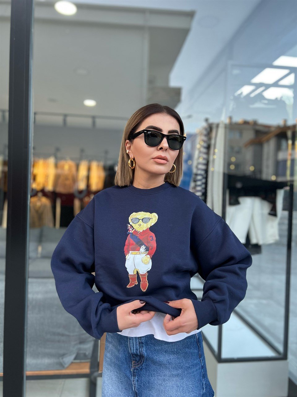Lacivert Bear Baskılı Sweat