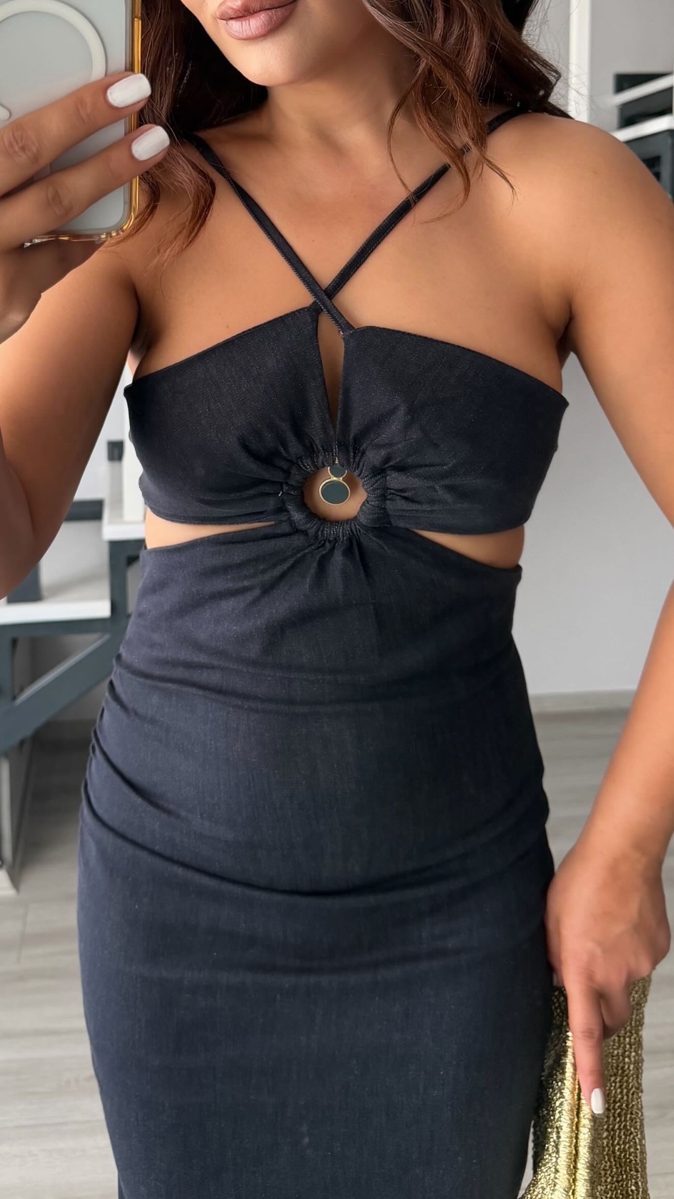 Navy Blue Denim-Look Lycra Midi Dress