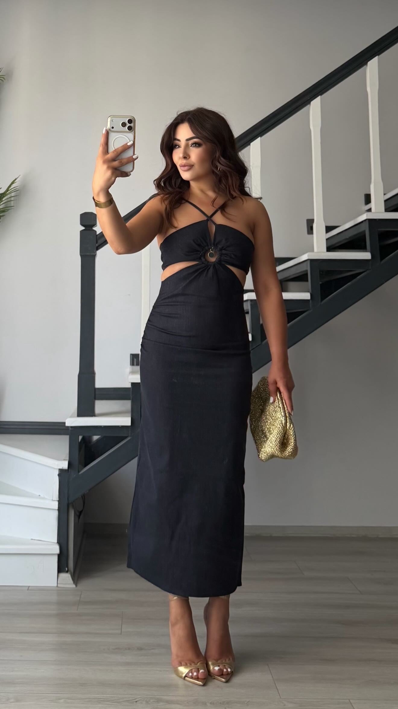 Navy Blue Denim-Look Lycra Midi Dress