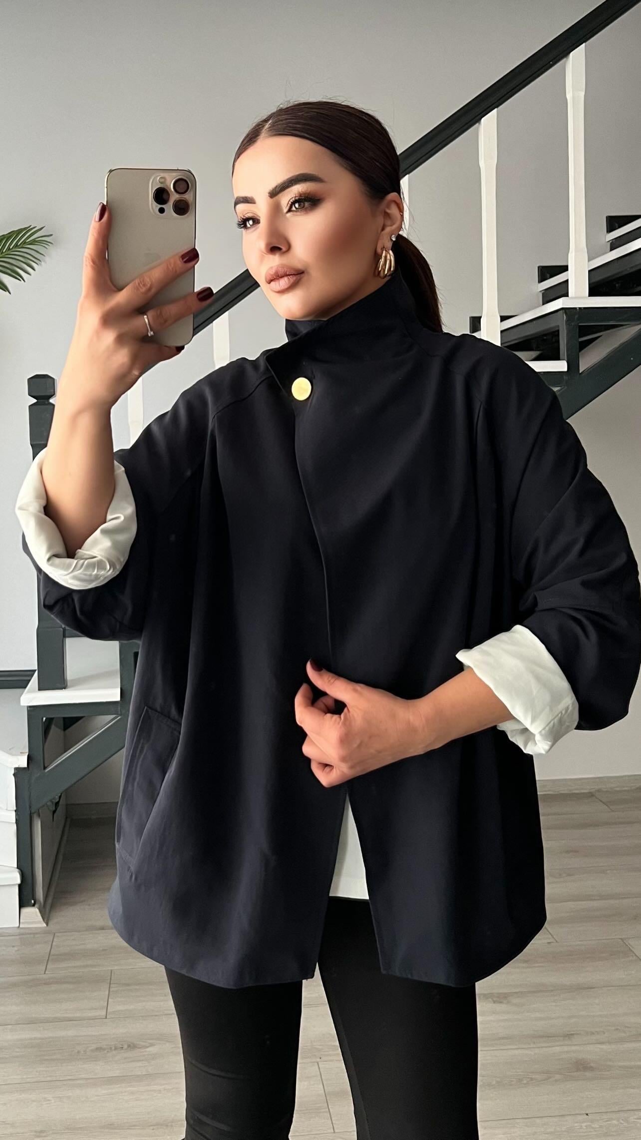 Lacivert Dik Yaka Oversize Trençkot