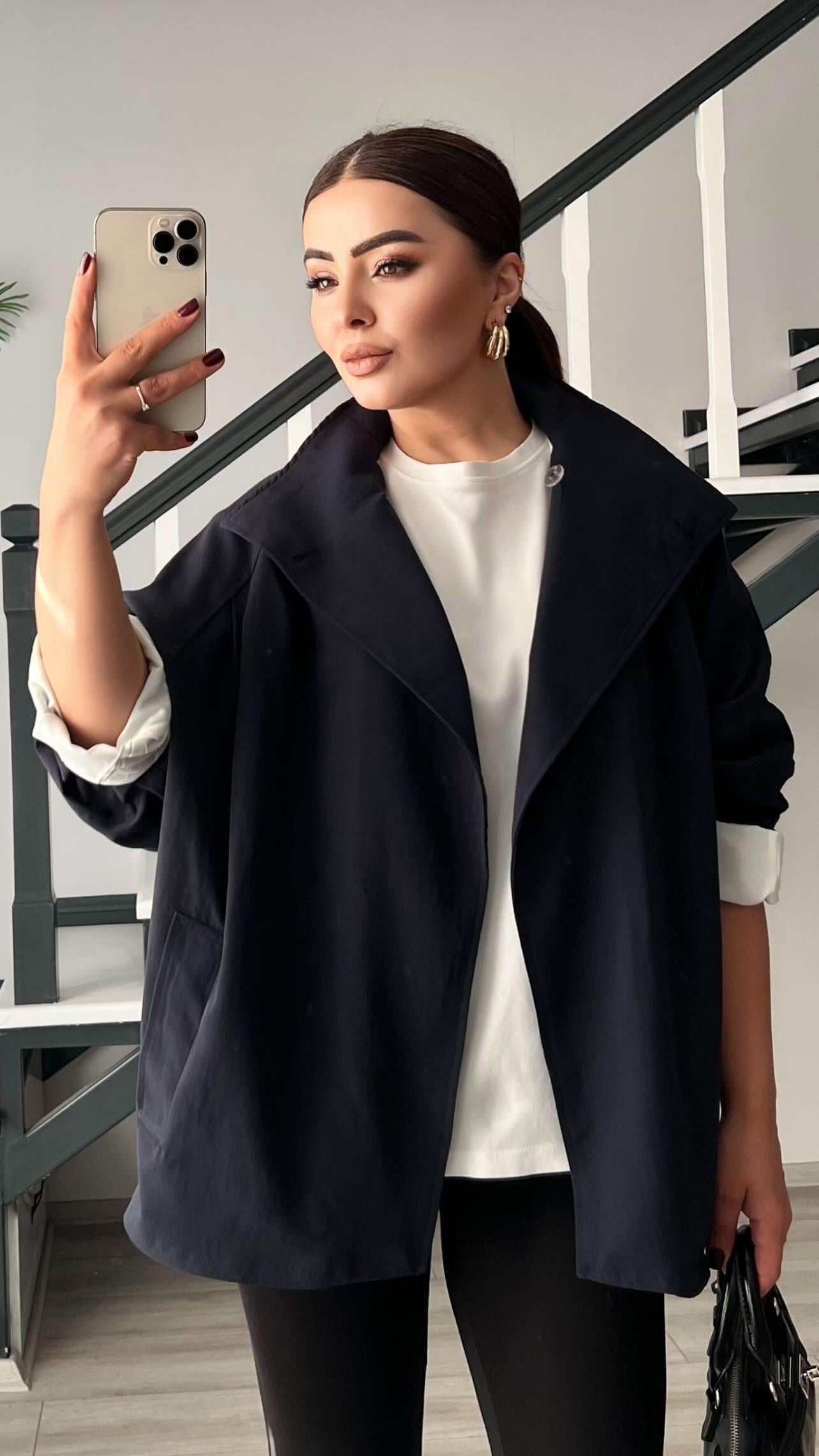 Lacivert Dik Yaka Oversize Trençkot