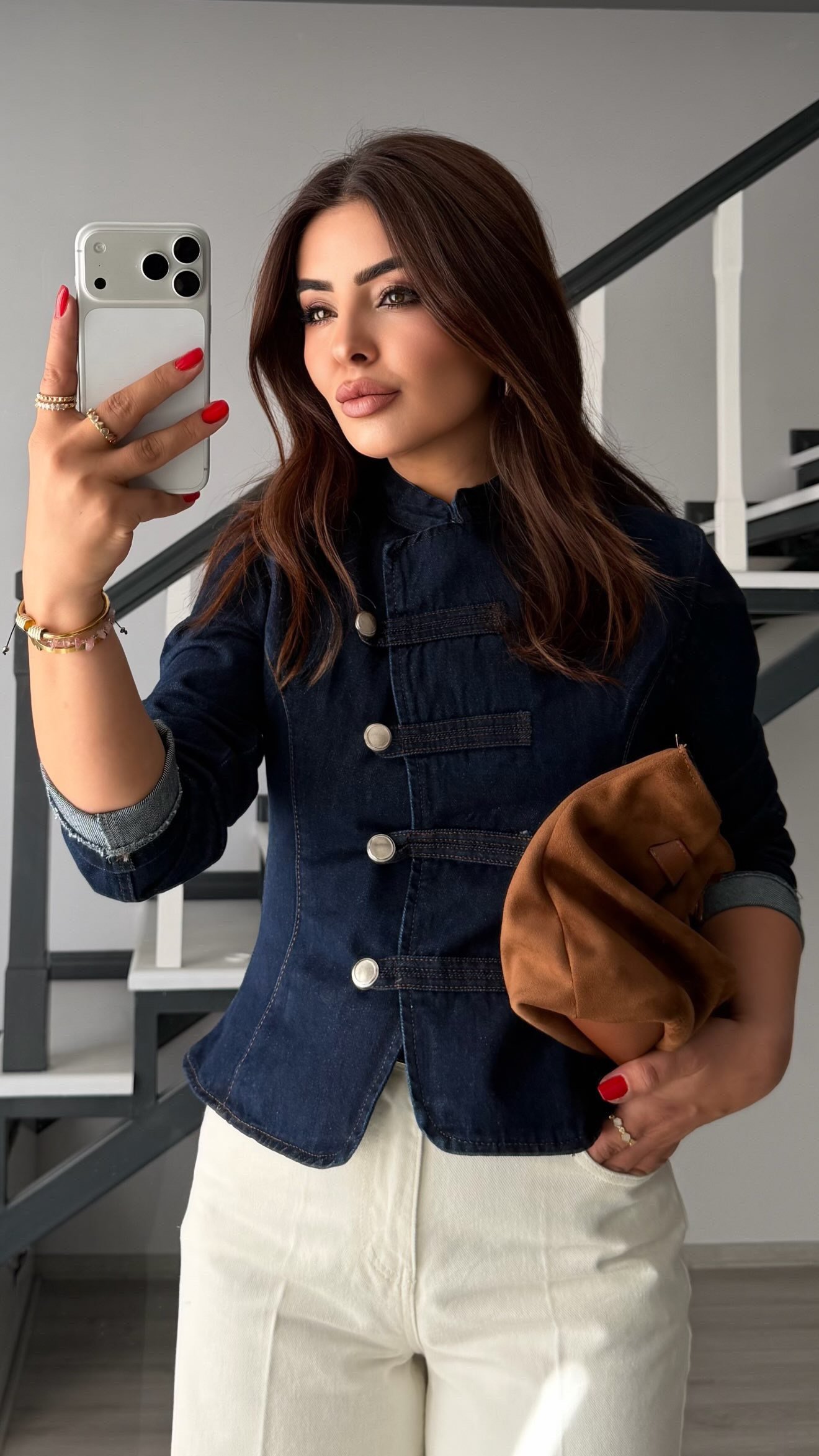 Lacivert Hakim Yaka Napolyon Denim Ceket
