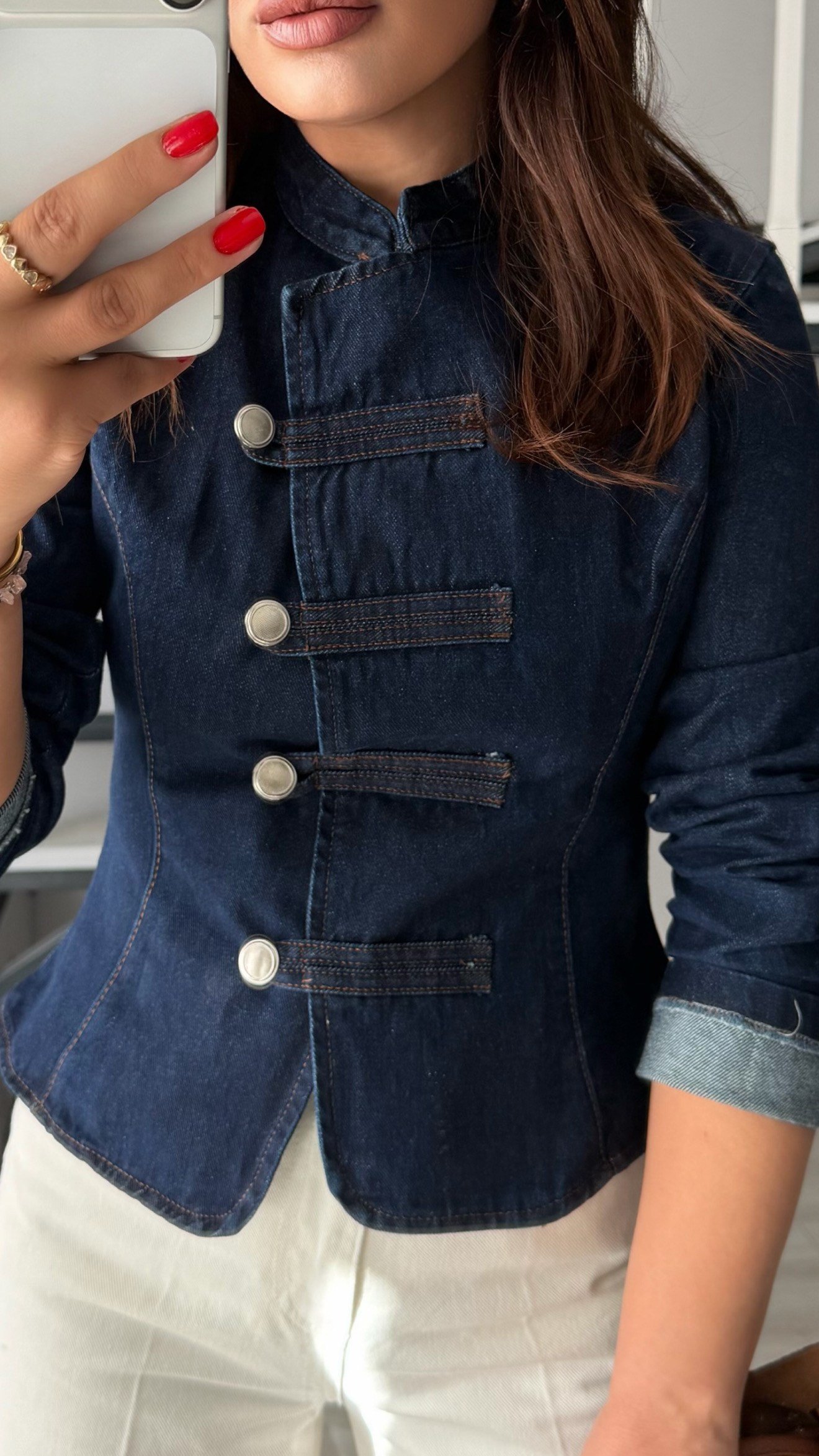 Lacivert Hakim Yaka Napolyon Denim Ceket