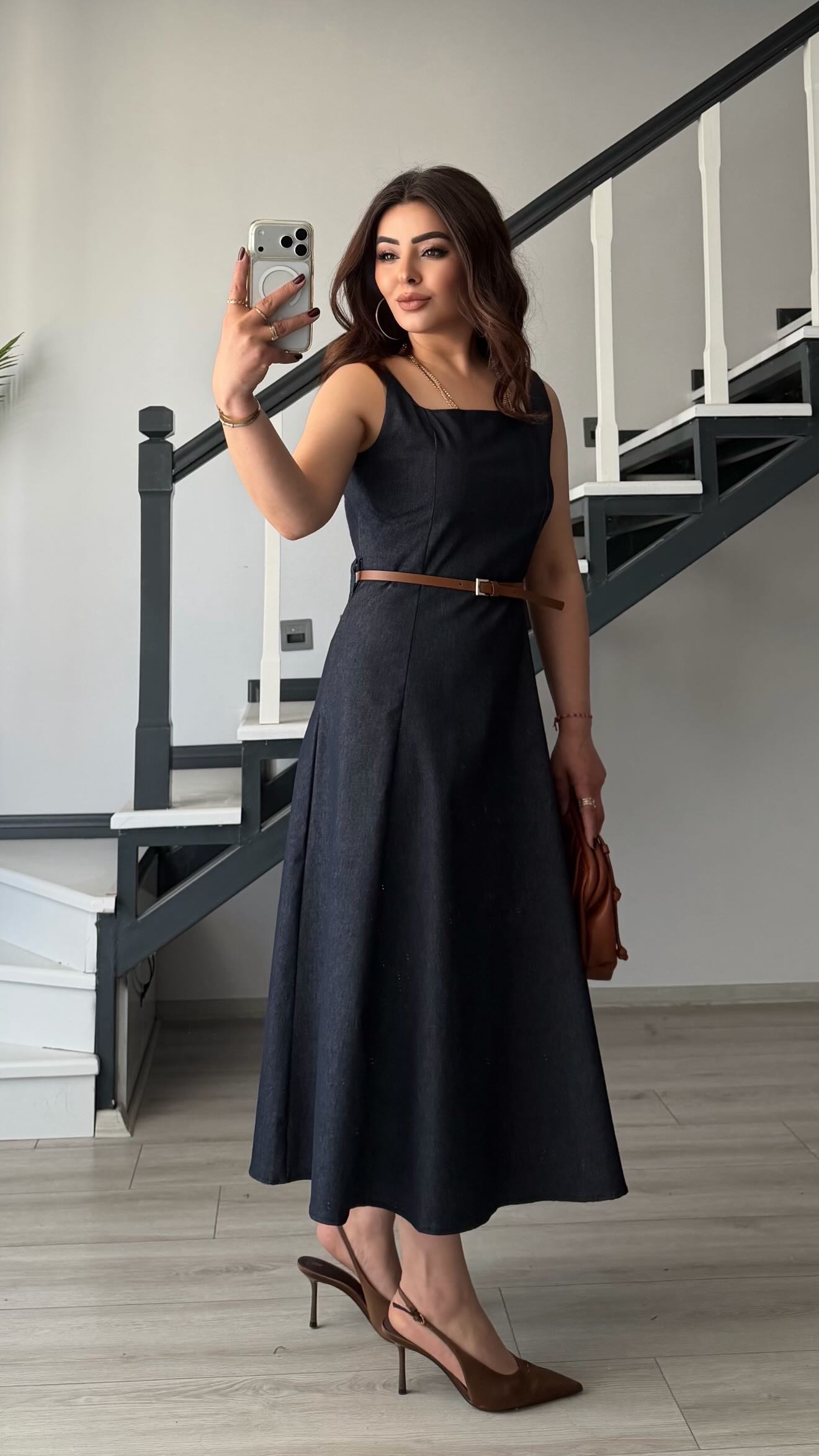 Lacivert Kemerli Kare Yaka Denim Elbise
