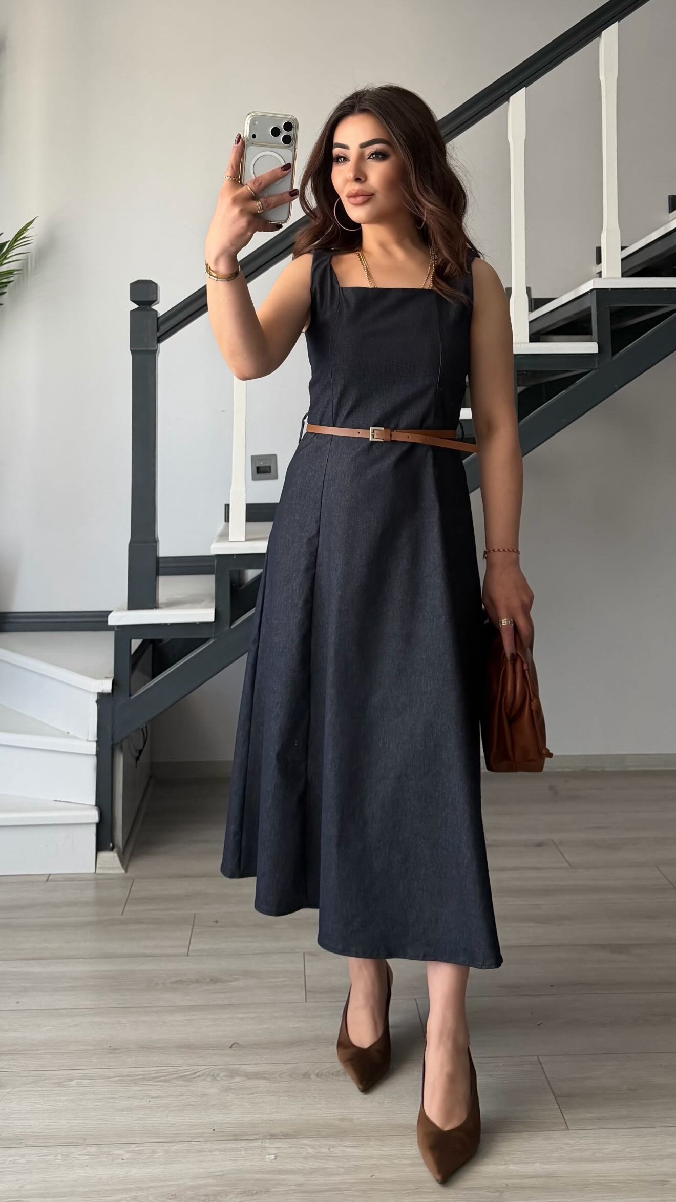 Lacivert Kemerli Kare Yaka Denim Elbise