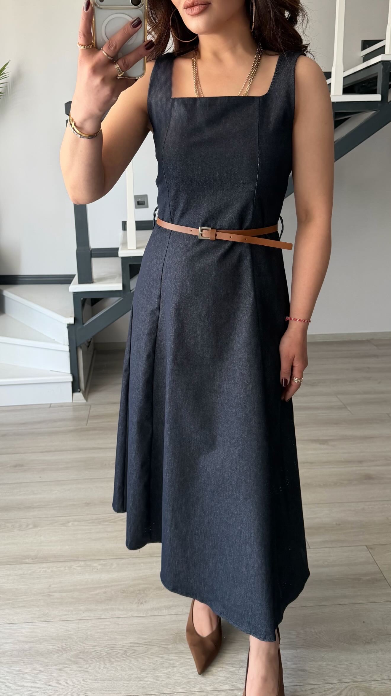 Lacivert Kemerli Kare Yaka Denim Elbise