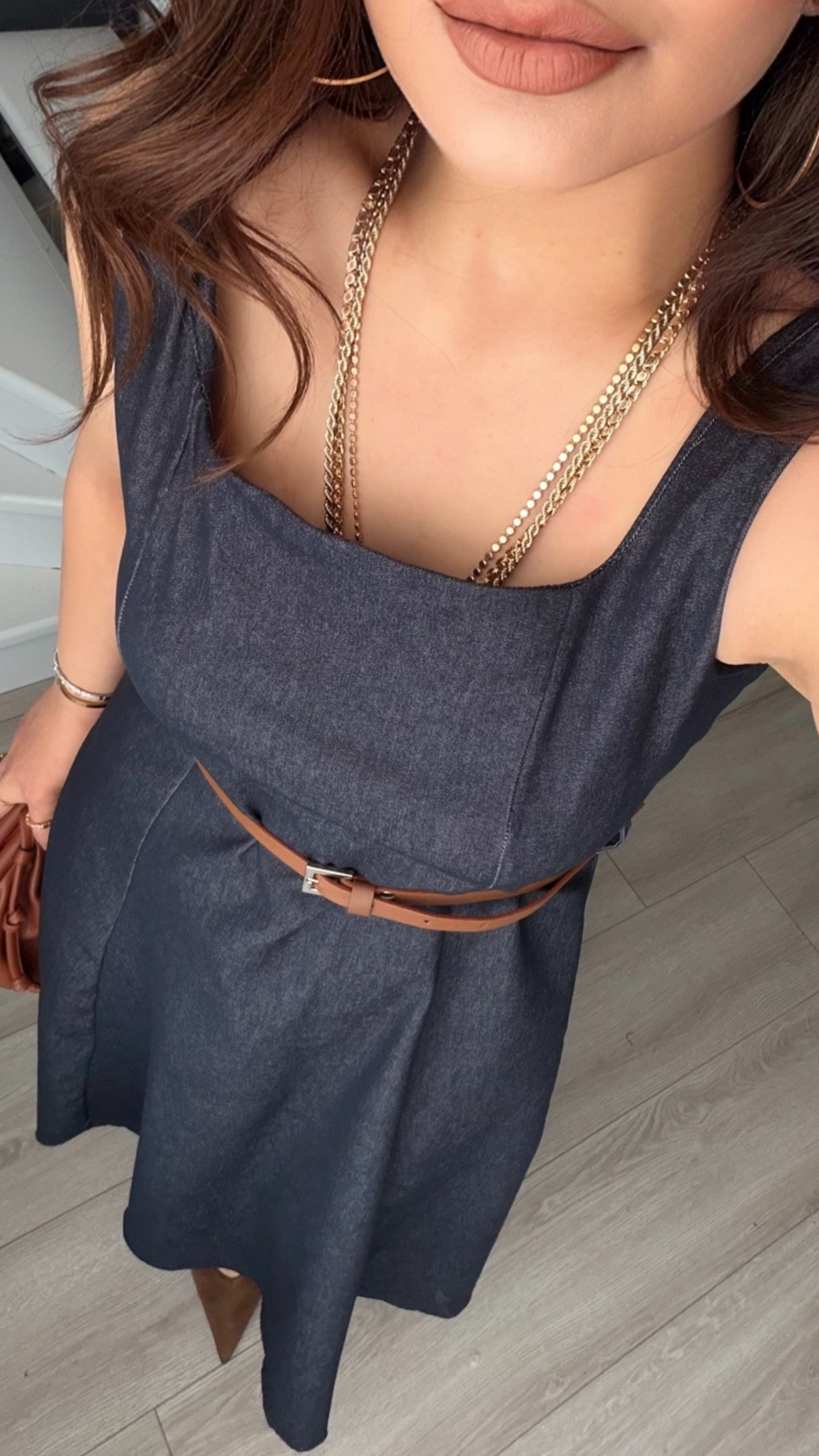 Lacivert Kemerli Kare Yaka Denim Elbise
